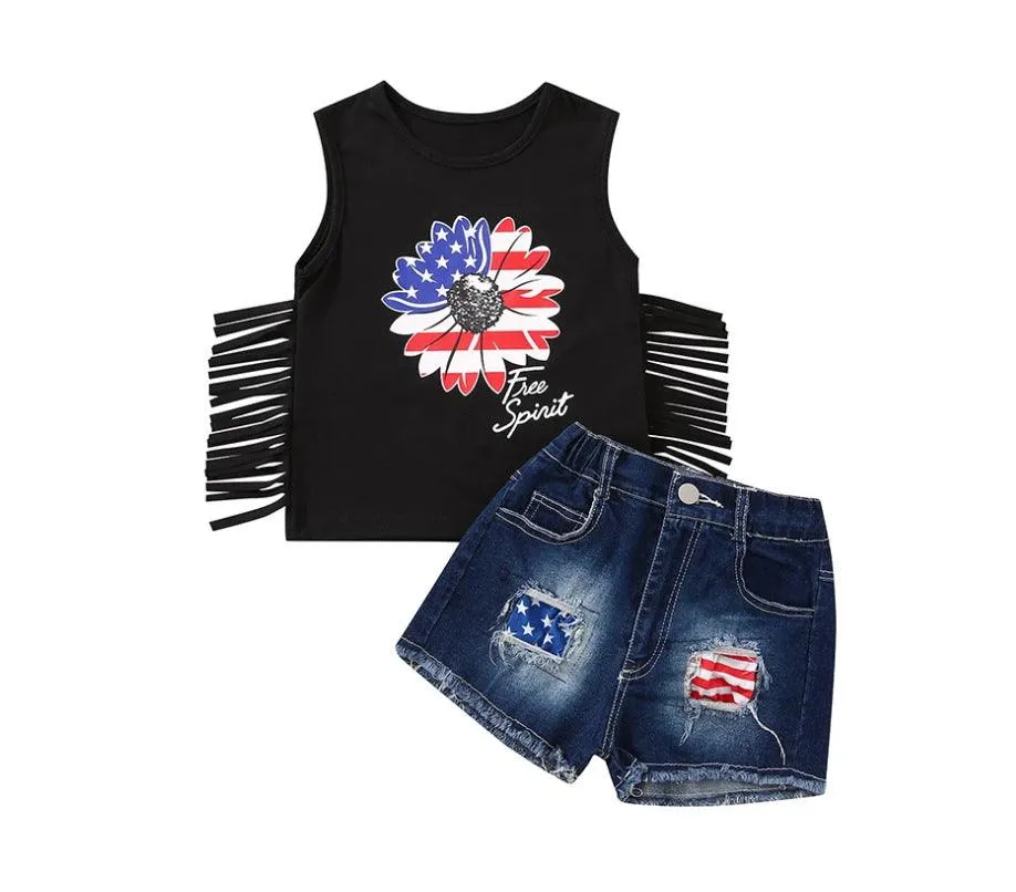 18M-6Y Toddler Girls Sets Independence Day Fringed Flower Tank Tops & Ripped Denim Shorts