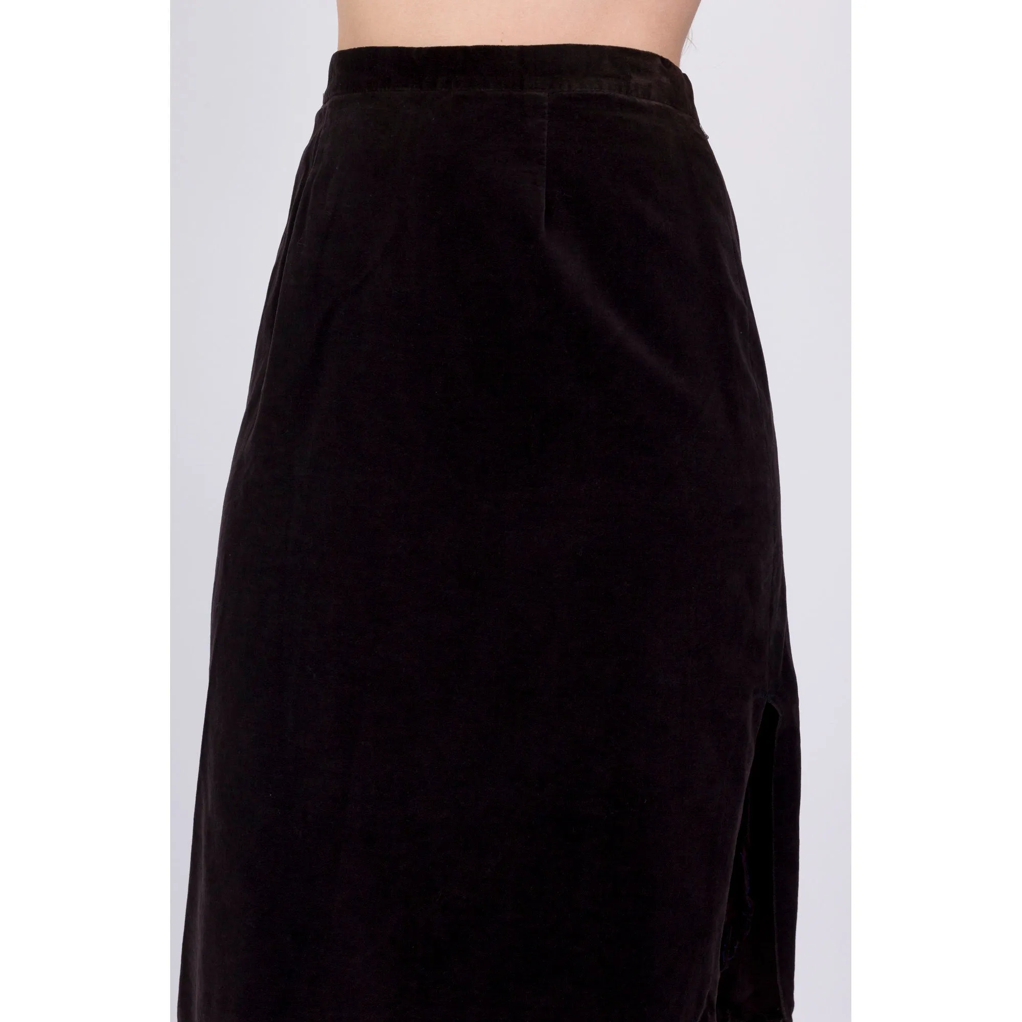 70s Campus Casuals Dark Brown Velvet Midi Skirt - Medium, 27.5"