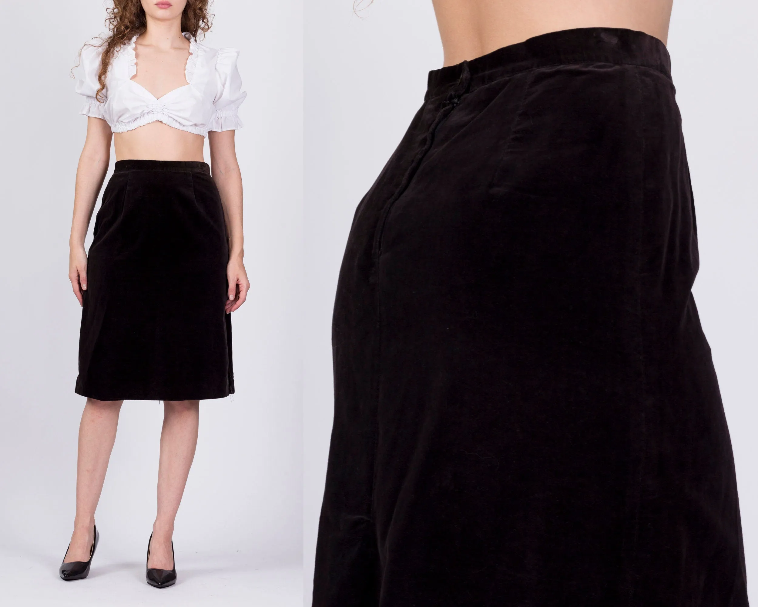 70s Campus Casuals Dark Brown Velvet Midi Skirt - Medium, 27.5"