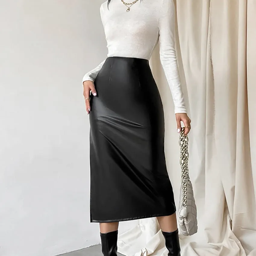 Black Commuter French PU Leather High Waist Split Pencil Midi Skirt