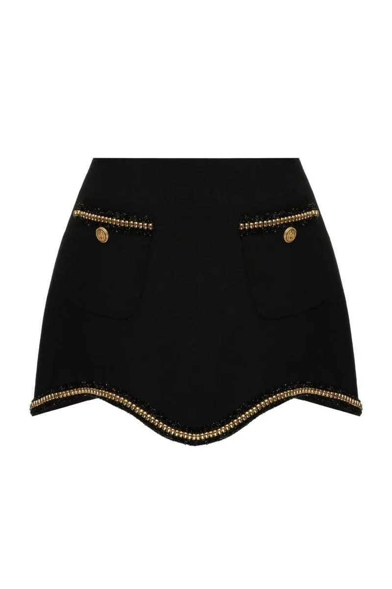 BLACK SCALOP EDGE WOOL MINI SKIRT