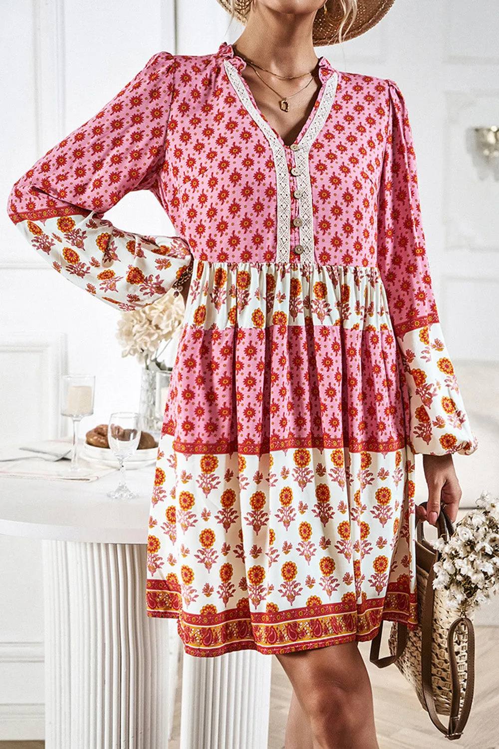 Boho Printed V-Neck Long Sleeve  Casual Dress New women's Fashion