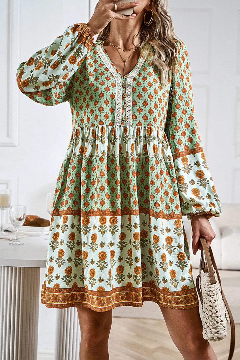 Boho Printed V-Neck Long Sleeve  Casual Dress New women's Fashion