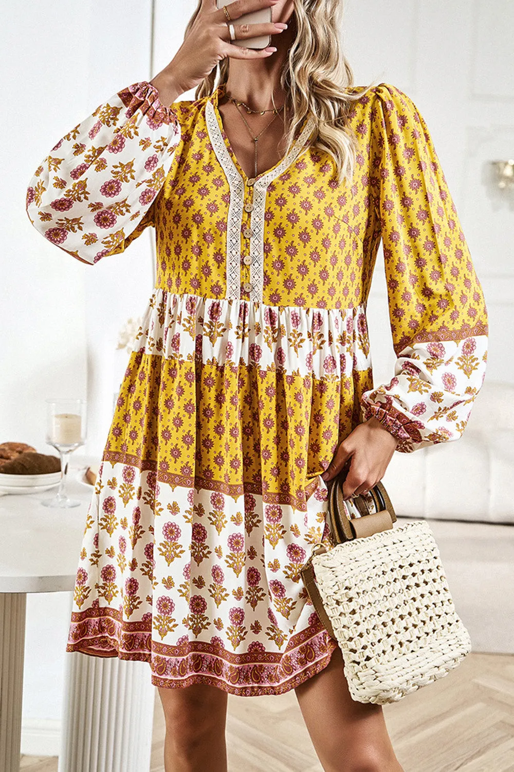 Boho Printed V-Neck Long Sleeve  Casual Dress New women's Fashion