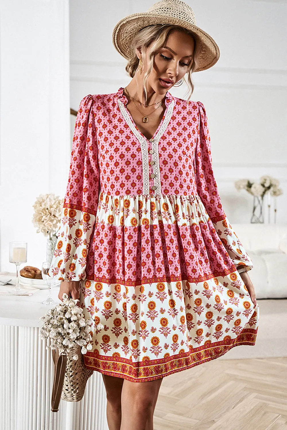 Boho Printed V-Neck Long Sleeve  Casual Dress New women's Fashion