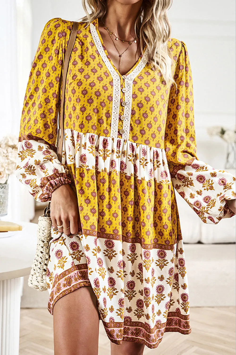 Boho Printed V-Neck Long Sleeve  Casual Dress New women's Fashion