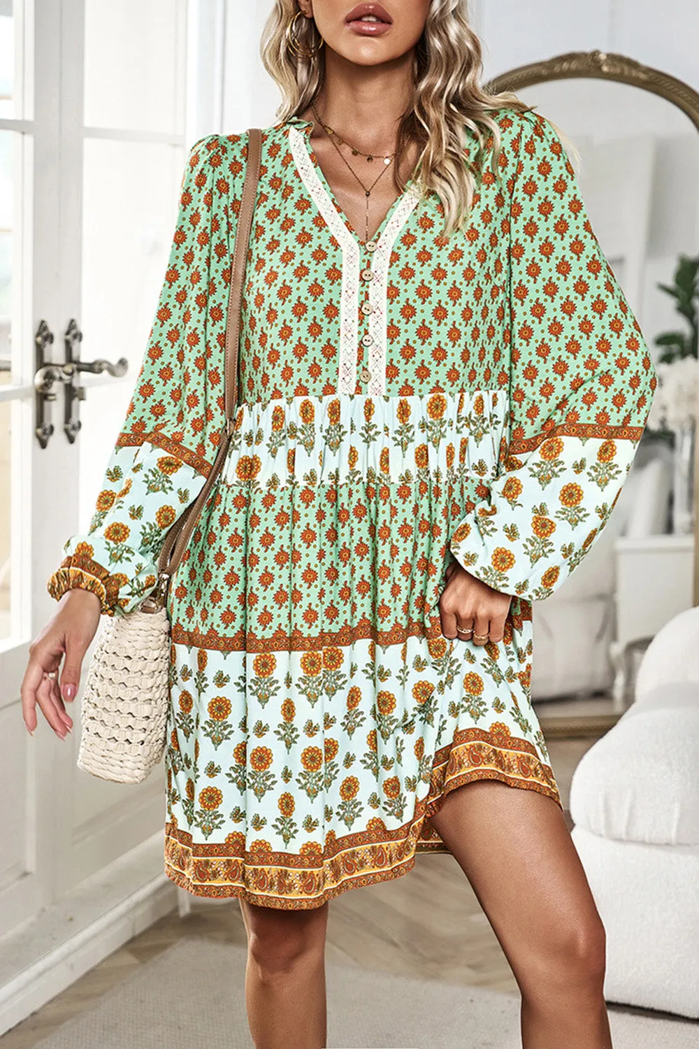 Boho Printed V-Neck Long Sleeve  Casual Dress New women's Fashion