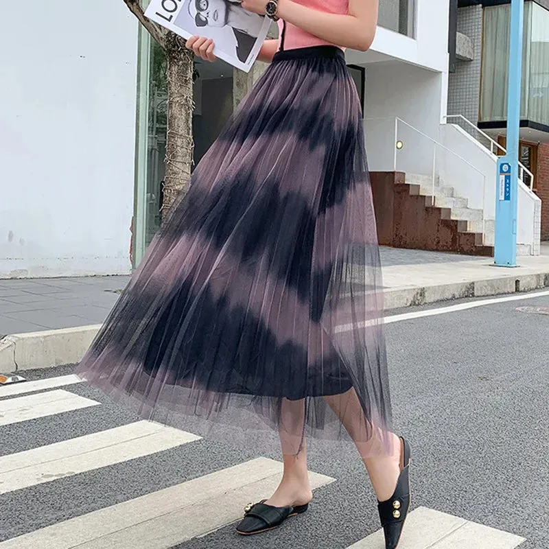 Boho Tie Dye Print Double-Sided Pleated Beach Skirt