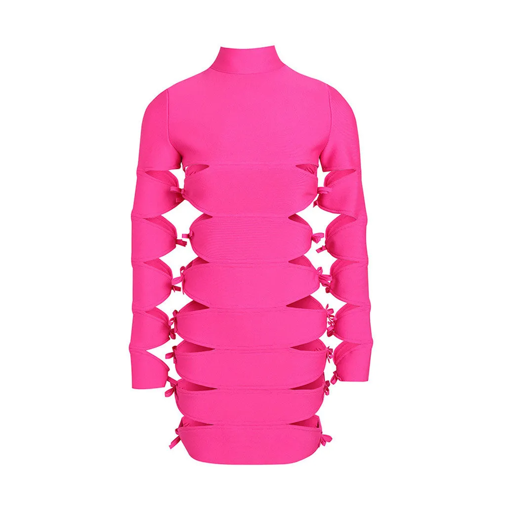 Bold Bow Detail Side Cutout High Neck Long Sleeve Mini Bandage Dress - Fuchsia