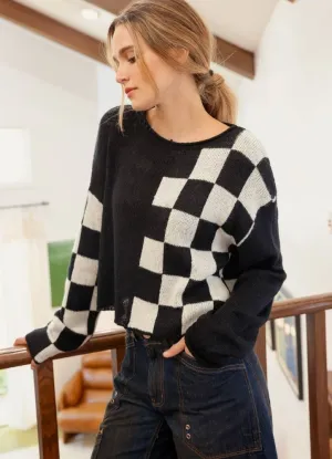 Checkered LS Sweater in Black by Blu Pepper