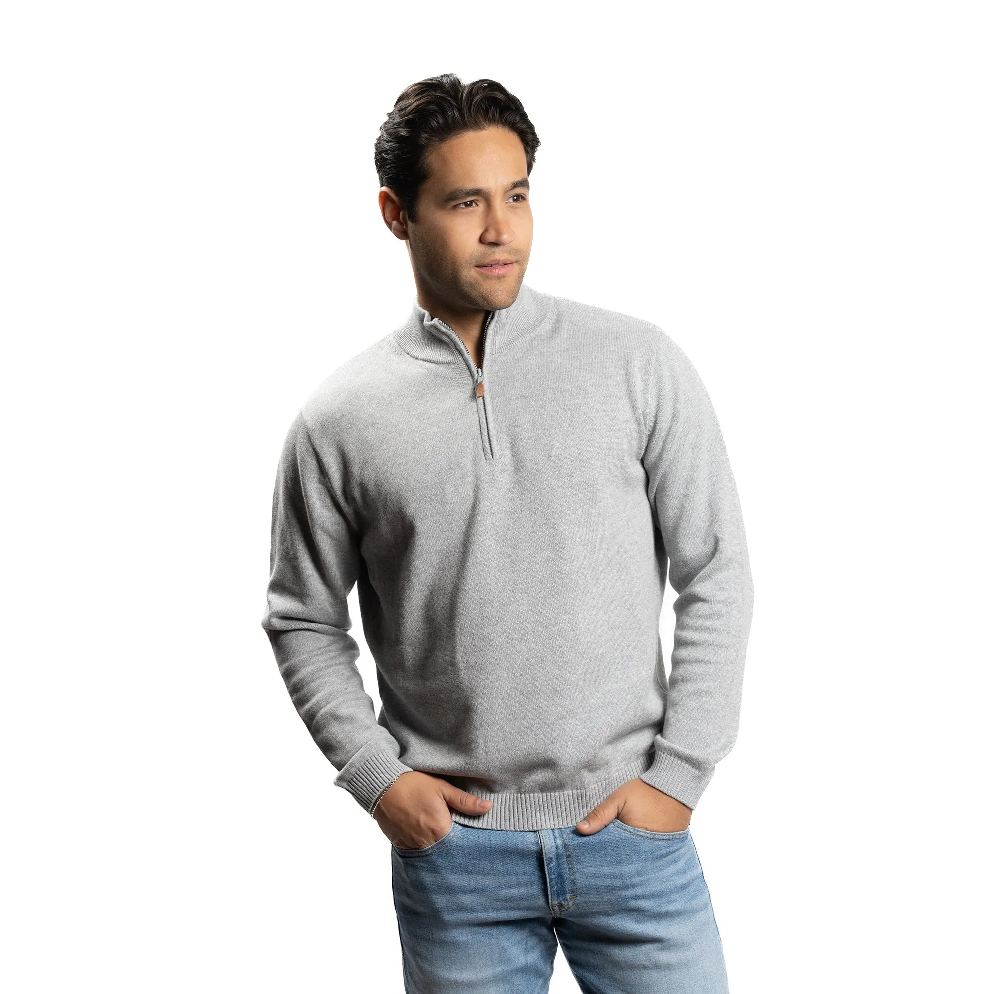 Cotton Quarter Zip Sweaters - Grey