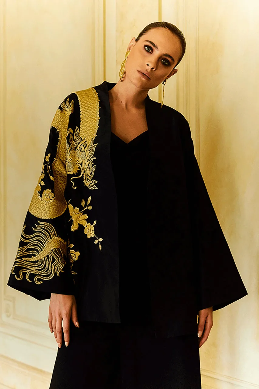 Couture Silk Taffeta Embroidered Dragon Coat