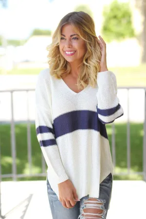 Cream and Navy V-Neck Sweater