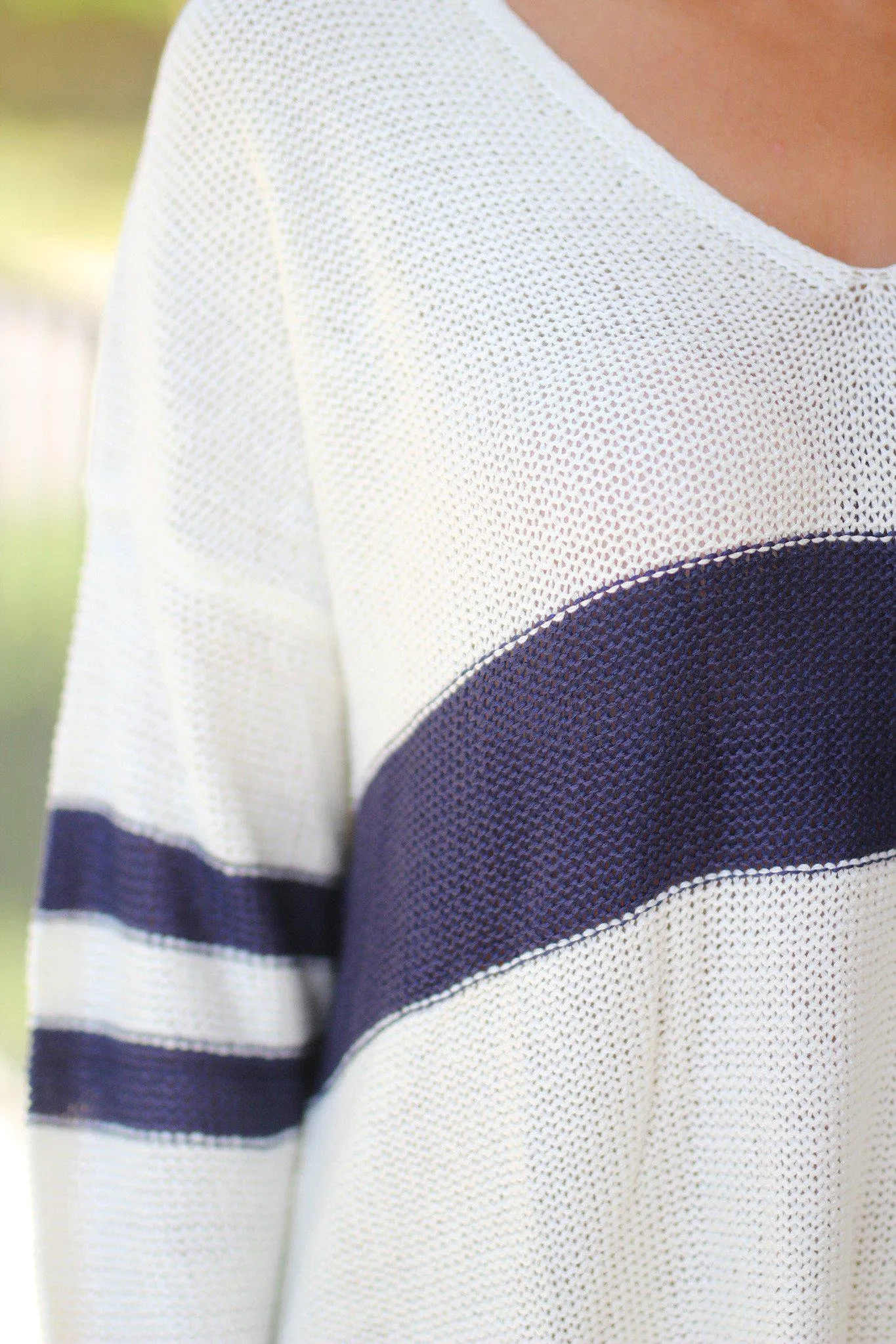 Cream and Navy V-Neck Sweater