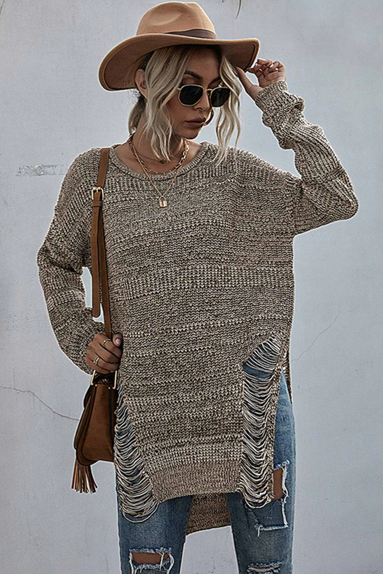 Crew Neck Split Hollow Out Tassel Sweater