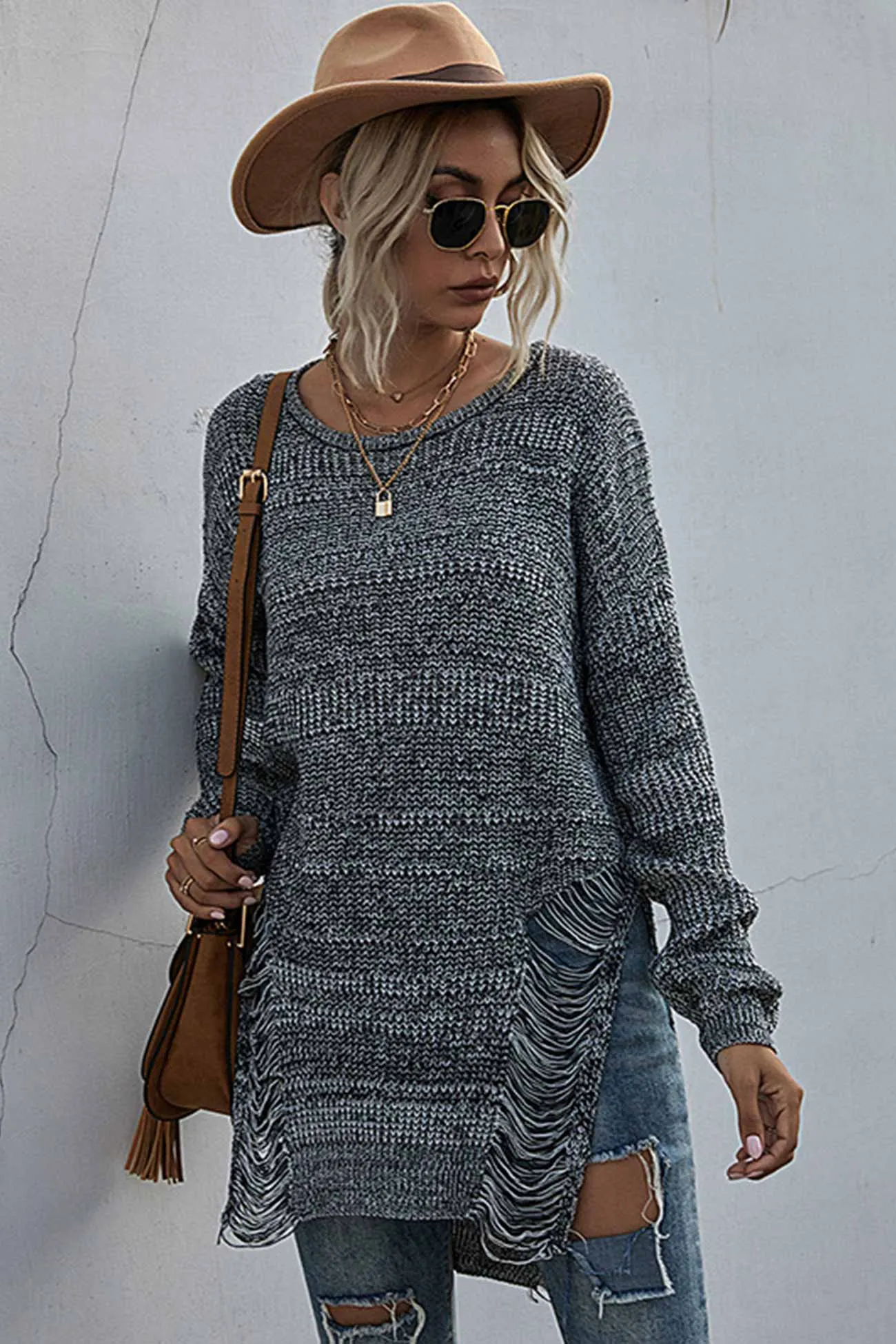 Crew Neck Split Hollow Out Tassel Sweater