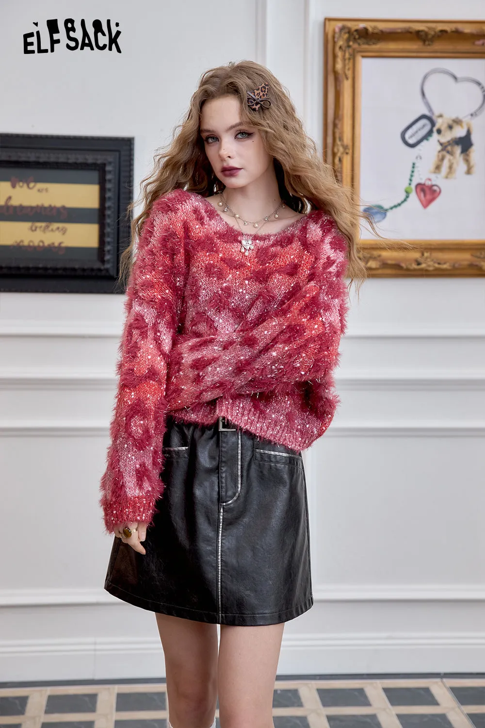 ELFSACK 2024 Winter New Arrivals Women's Fluffy Short Retro Leopard Print Short Pullover Sweater