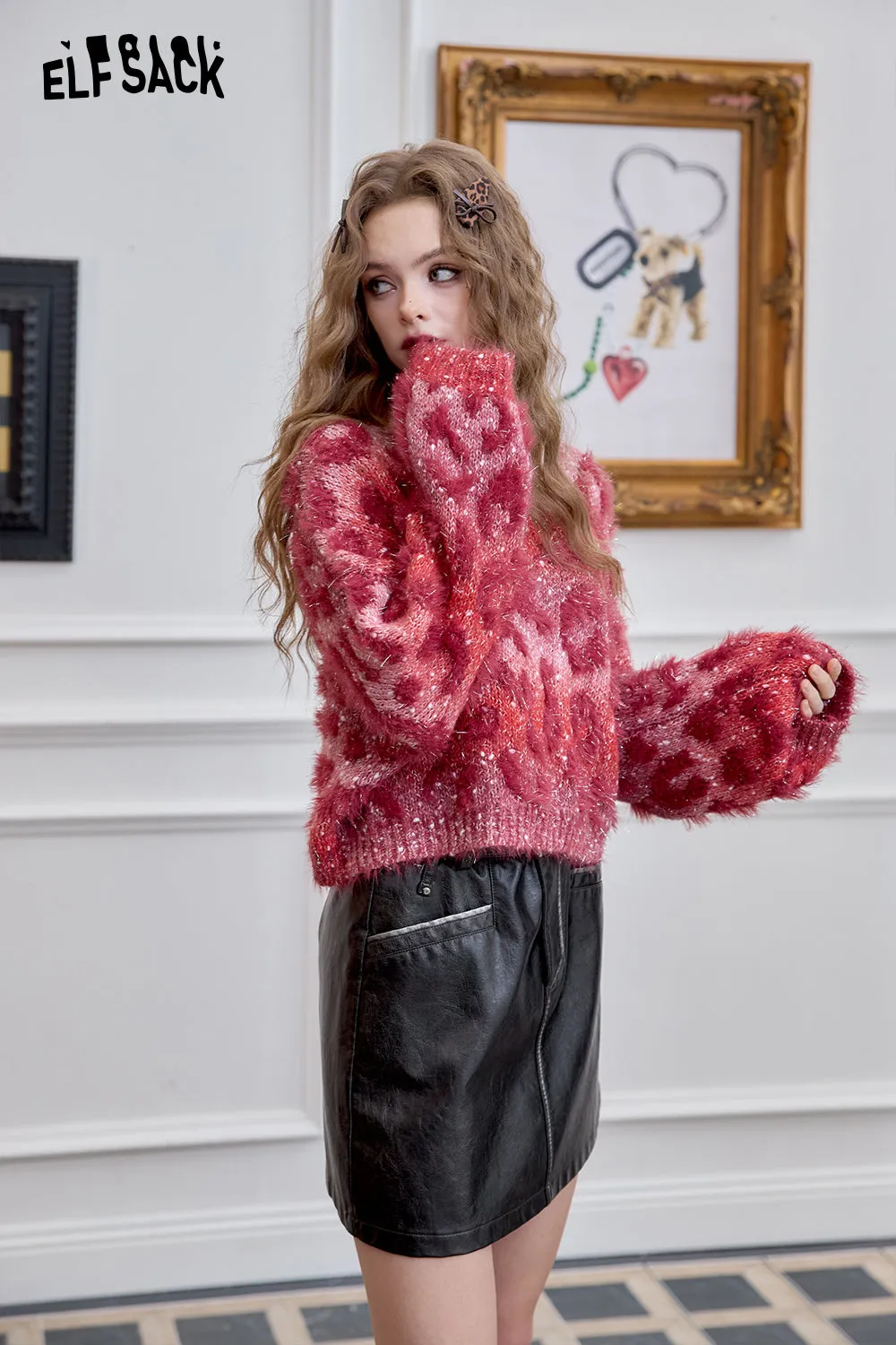 ELFSACK 2024 Winter New Arrivals Women's Fluffy Short Retro Leopard Print Short Pullover Sweater