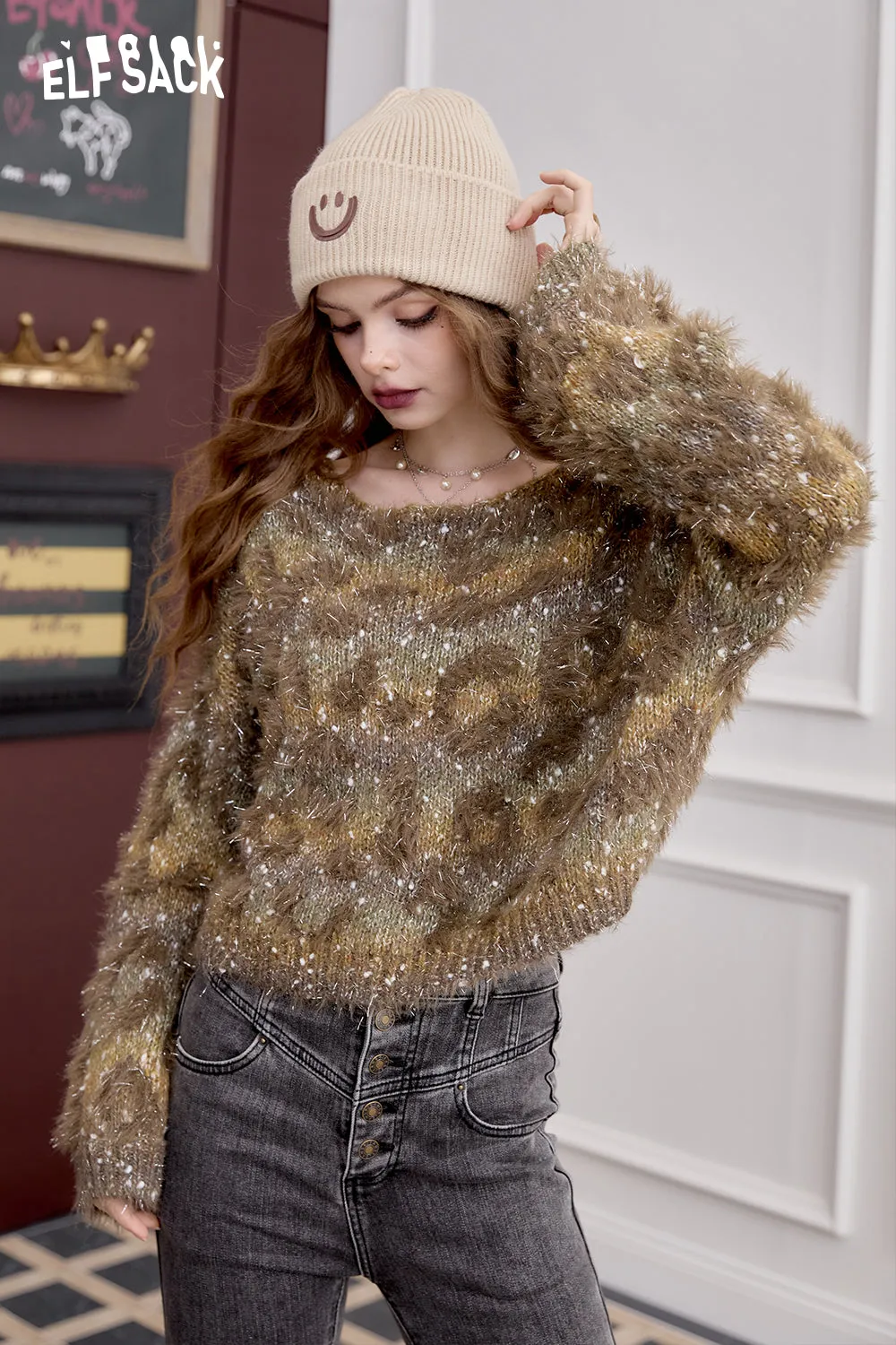 ELFSACK 2024 Winter New Arrivals Women's Fluffy Short Retro Leopard Print Short Pullover Sweater