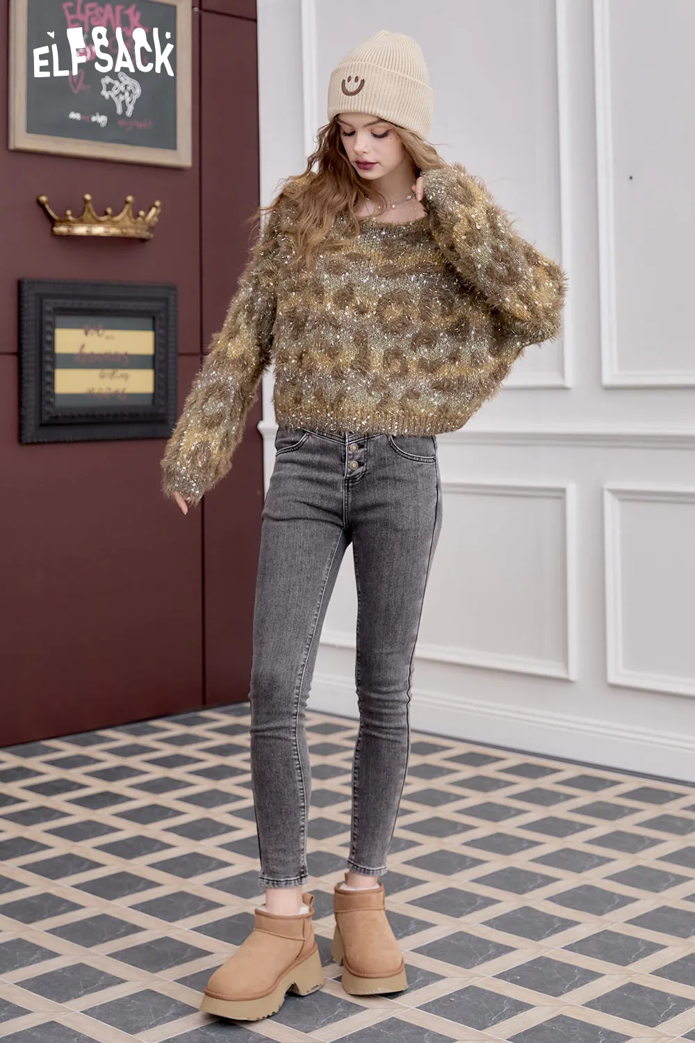 ELFSACK 2024 Winter New Arrivals Women's Fluffy Short Retro Leopard Print Short Pullover Sweater