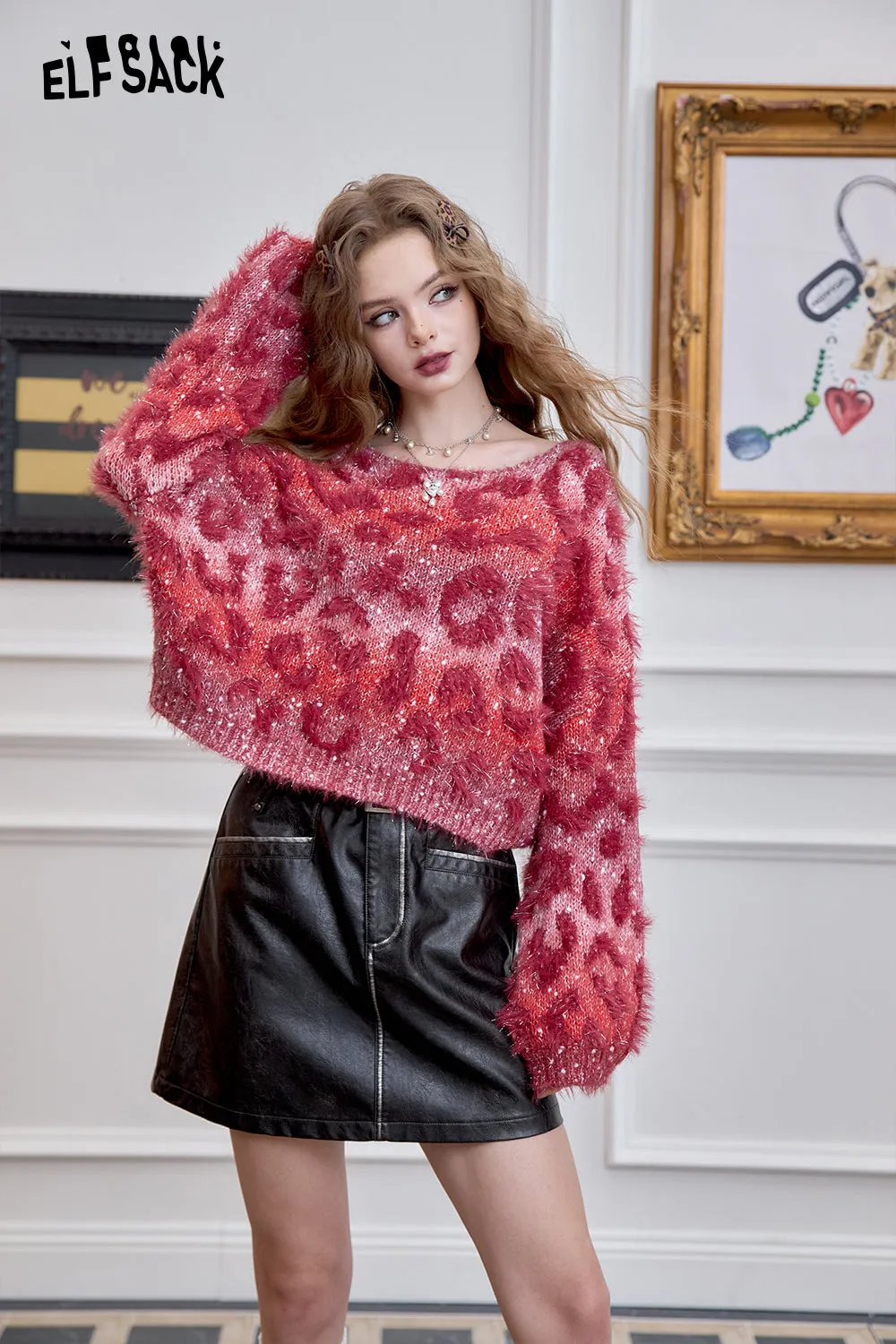 ELFSACK 2024 Winter New Arrivals Women's Fluffy Short Retro Leopard Print Short Pullover Sweater