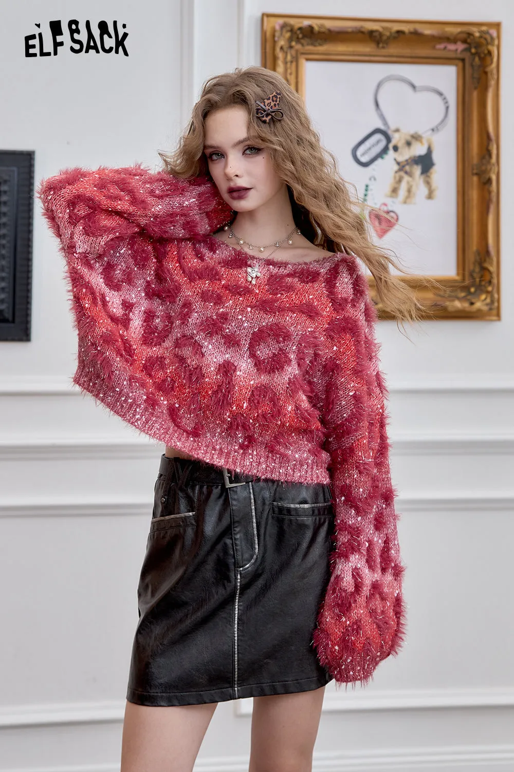 ELFSACK 2024 Winter New Arrivals Women's Fluffy Short Retro Leopard Print Short Pullover Sweater