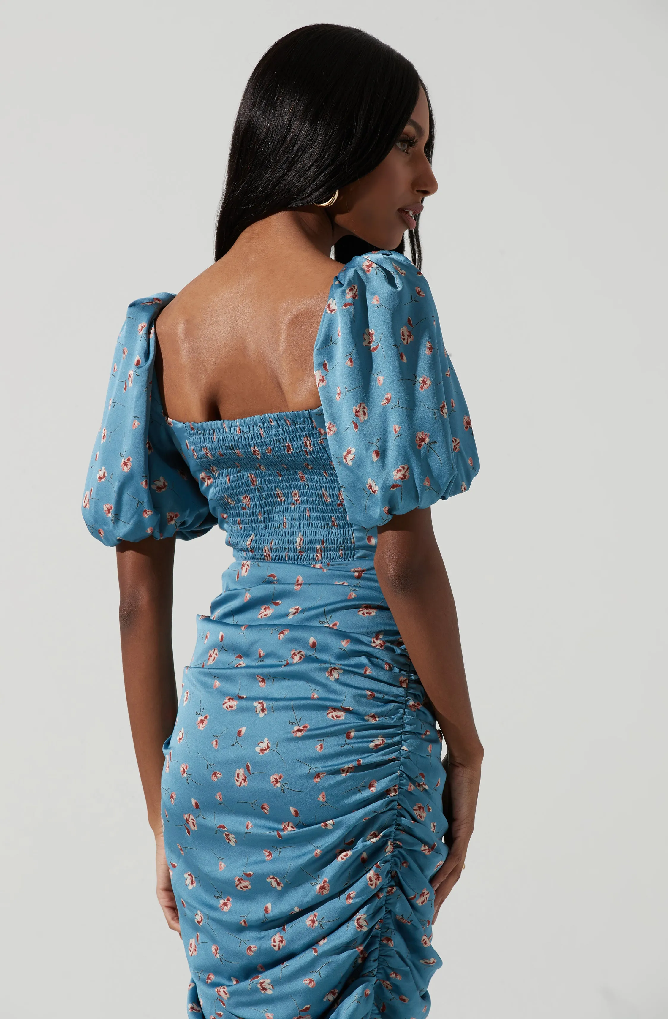 Emma Floral Ruched Bubble Sleeve Midi Dress