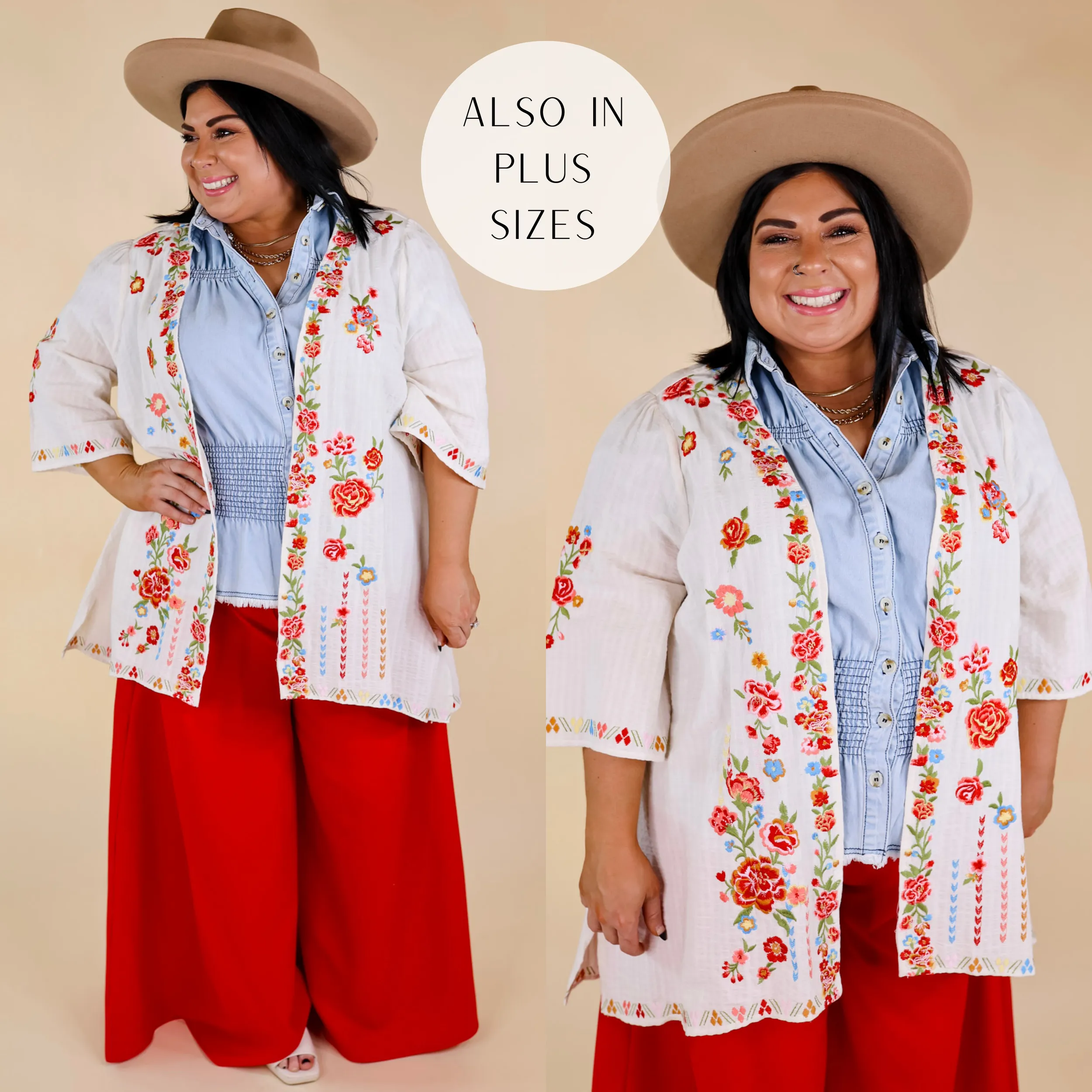 Enchanting Escapes Floral Embroidered 3/4 Sleeve Kimono in Ivory