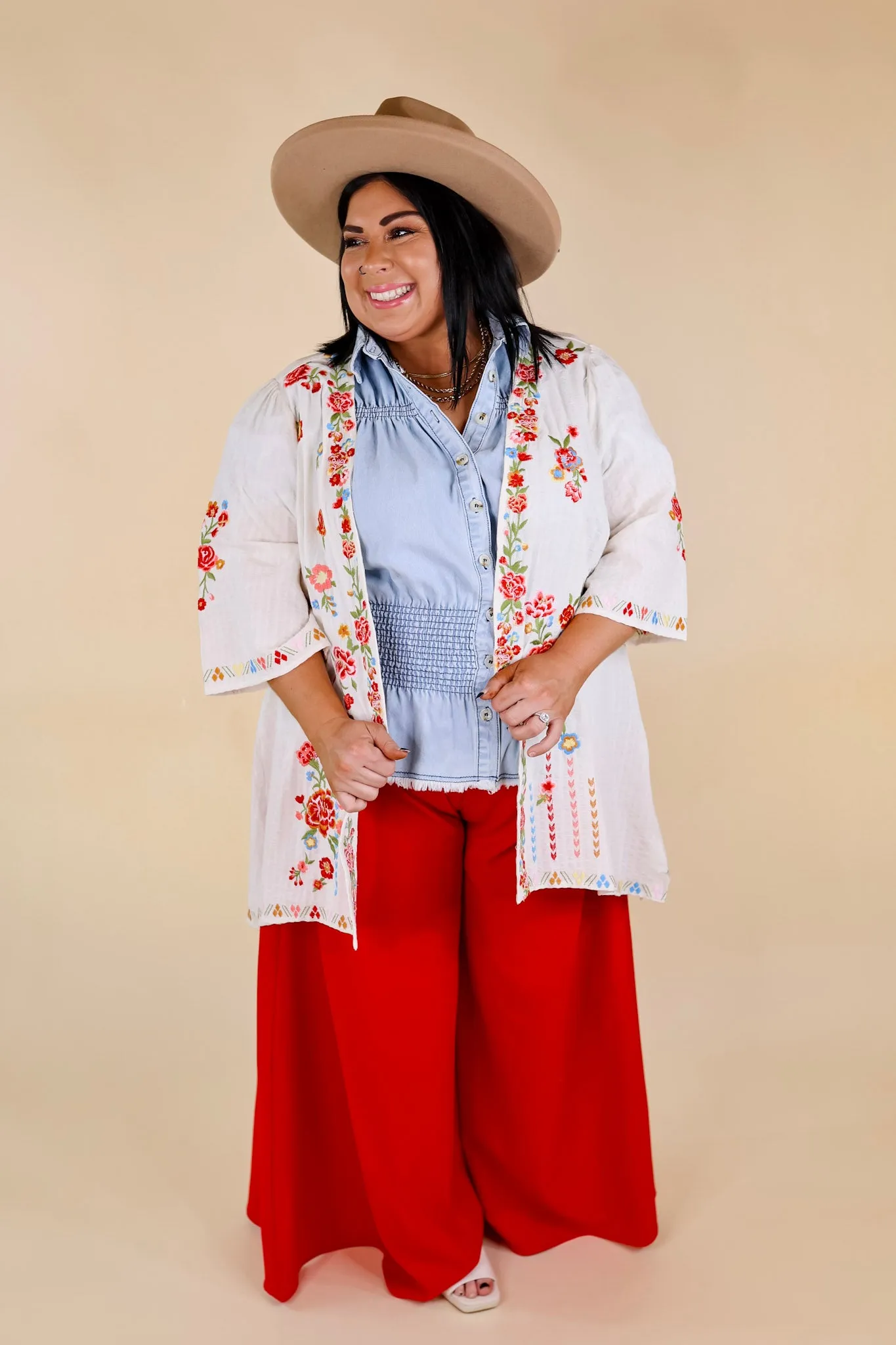 Enchanting Escapes Floral Embroidered 3/4 Sleeve Kimono in Ivory