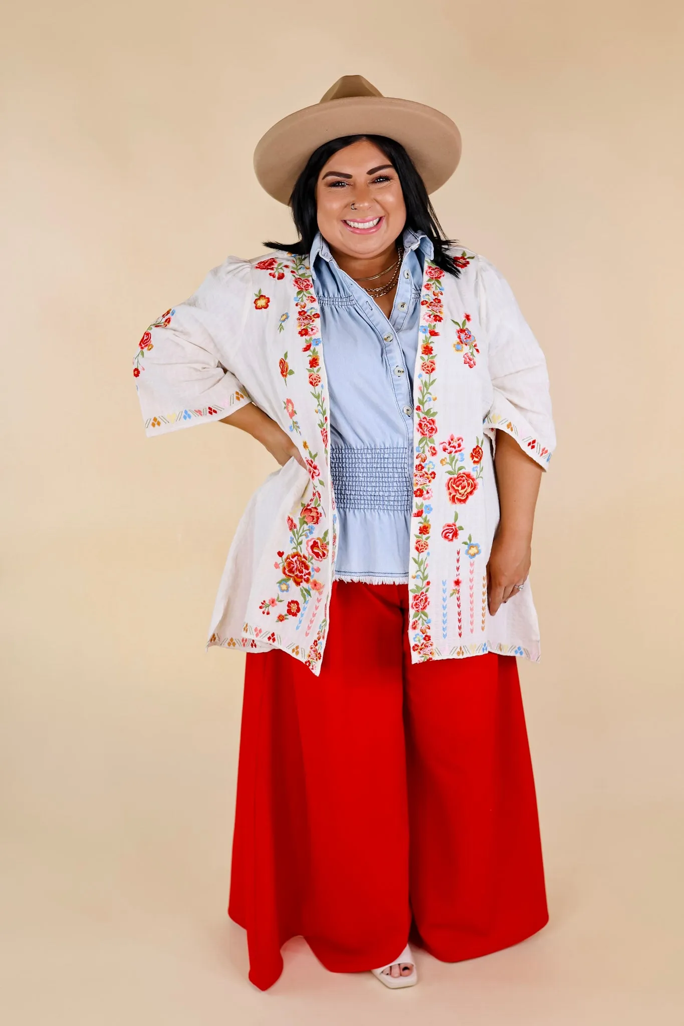 Enchanting Escapes Floral Embroidered 3/4 Sleeve Kimono in Ivory