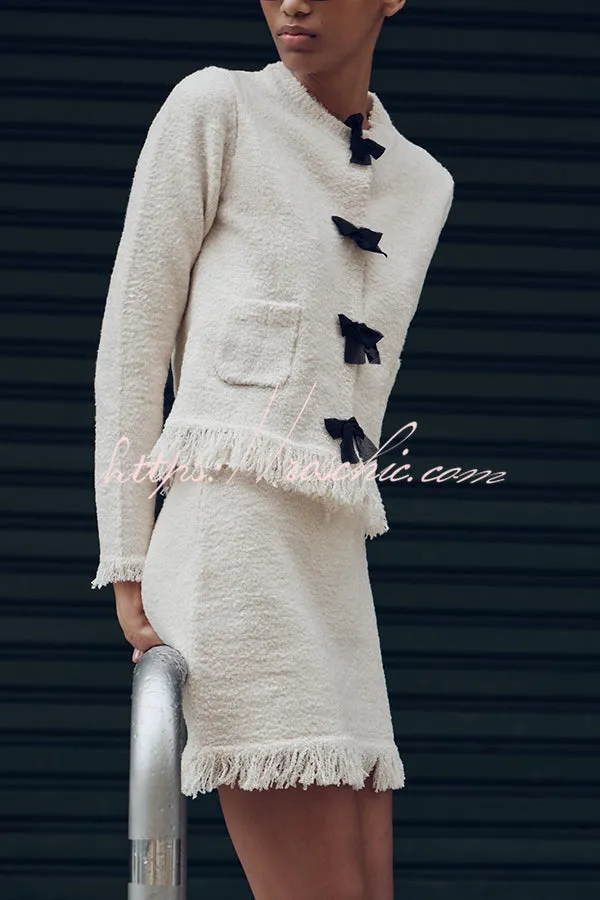 Fashion Round Neck Long Sleeve Bow-decorated Pocket Knitted Jacket