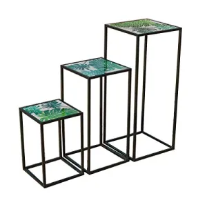 Febland Tall Set of Three Nest of Tables Leaf Design, Metal, Large