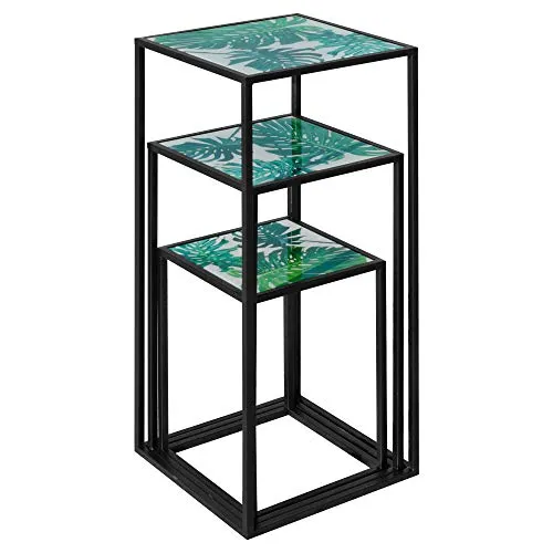 Febland Tall Set of Three Nest of Tables Leaf Design, Metal, Large