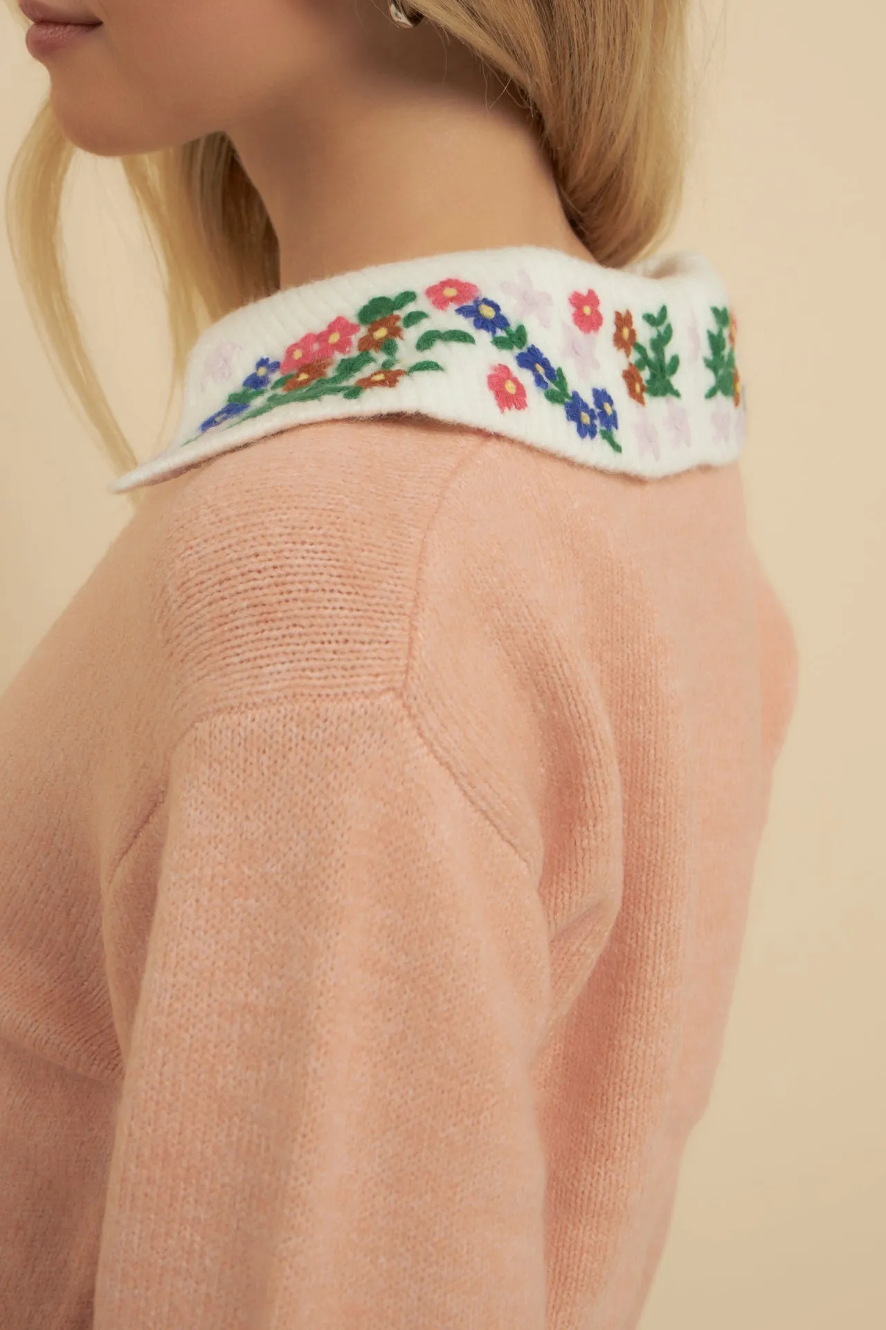 Floral Handmade Embroidery V-Neck Sweater