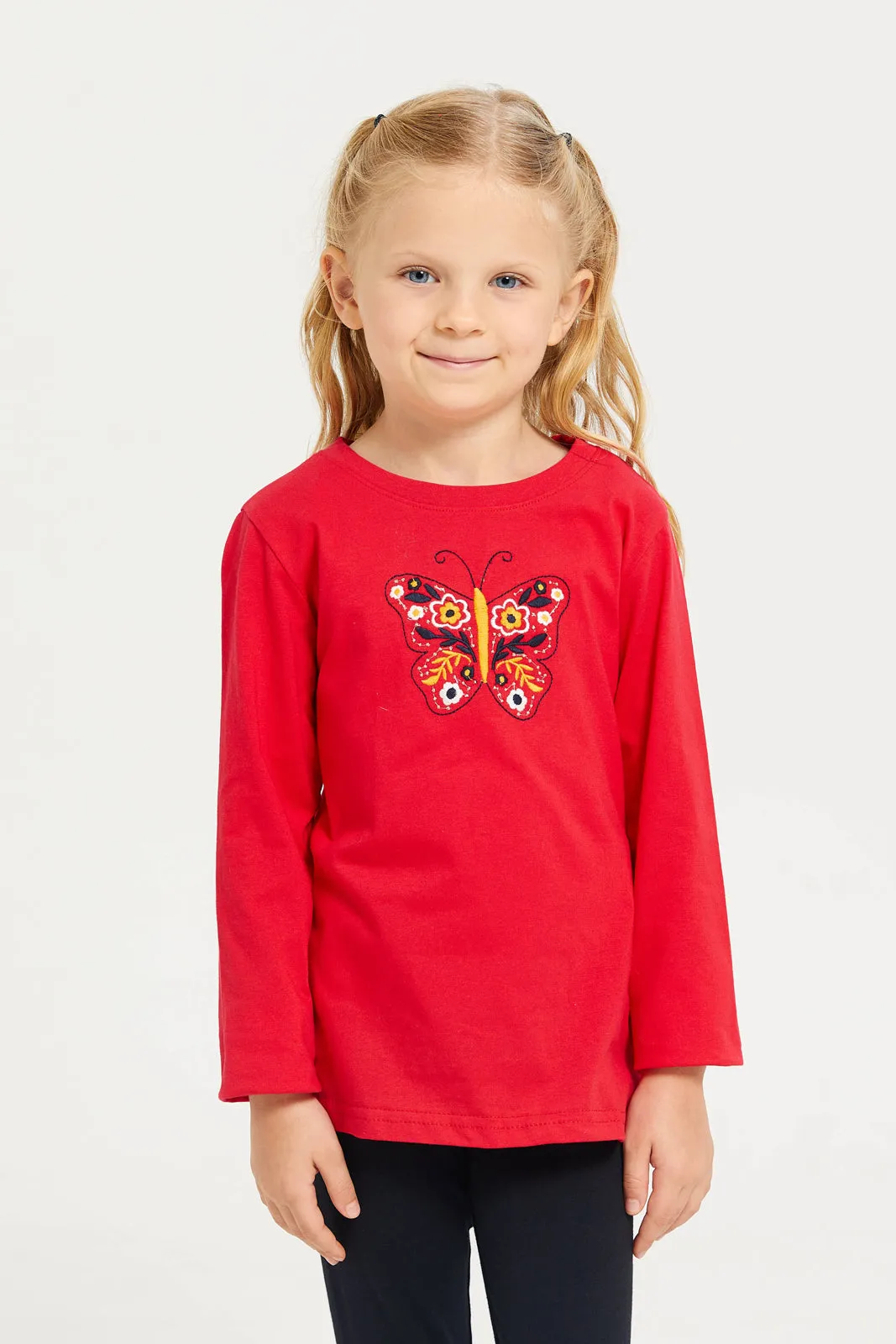 Girls Red Long Sleeve Printed T-Shirt