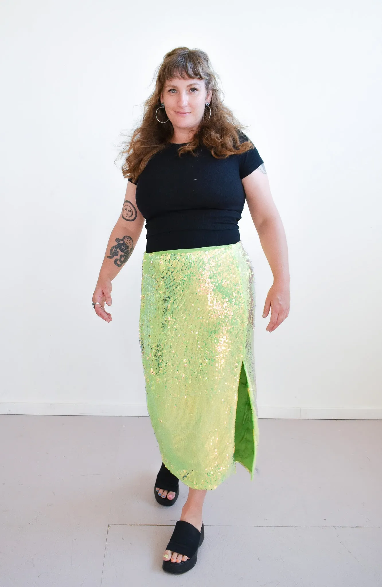 Glamorous Iridescent Line Sequin Midi Pencil Skirt With Side Split