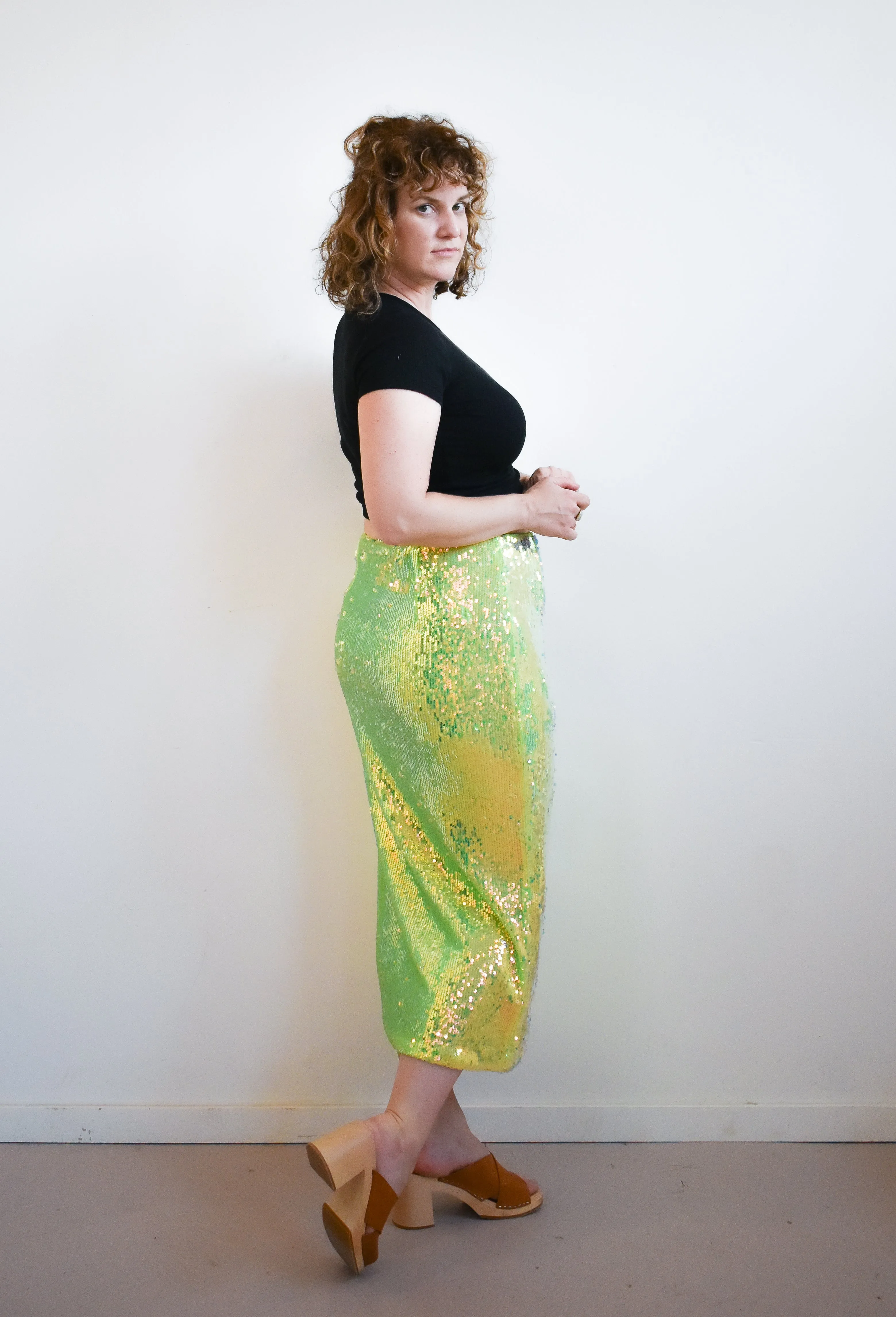 Glamorous Iridescent Line Sequin Midi Pencil Skirt With Side Split