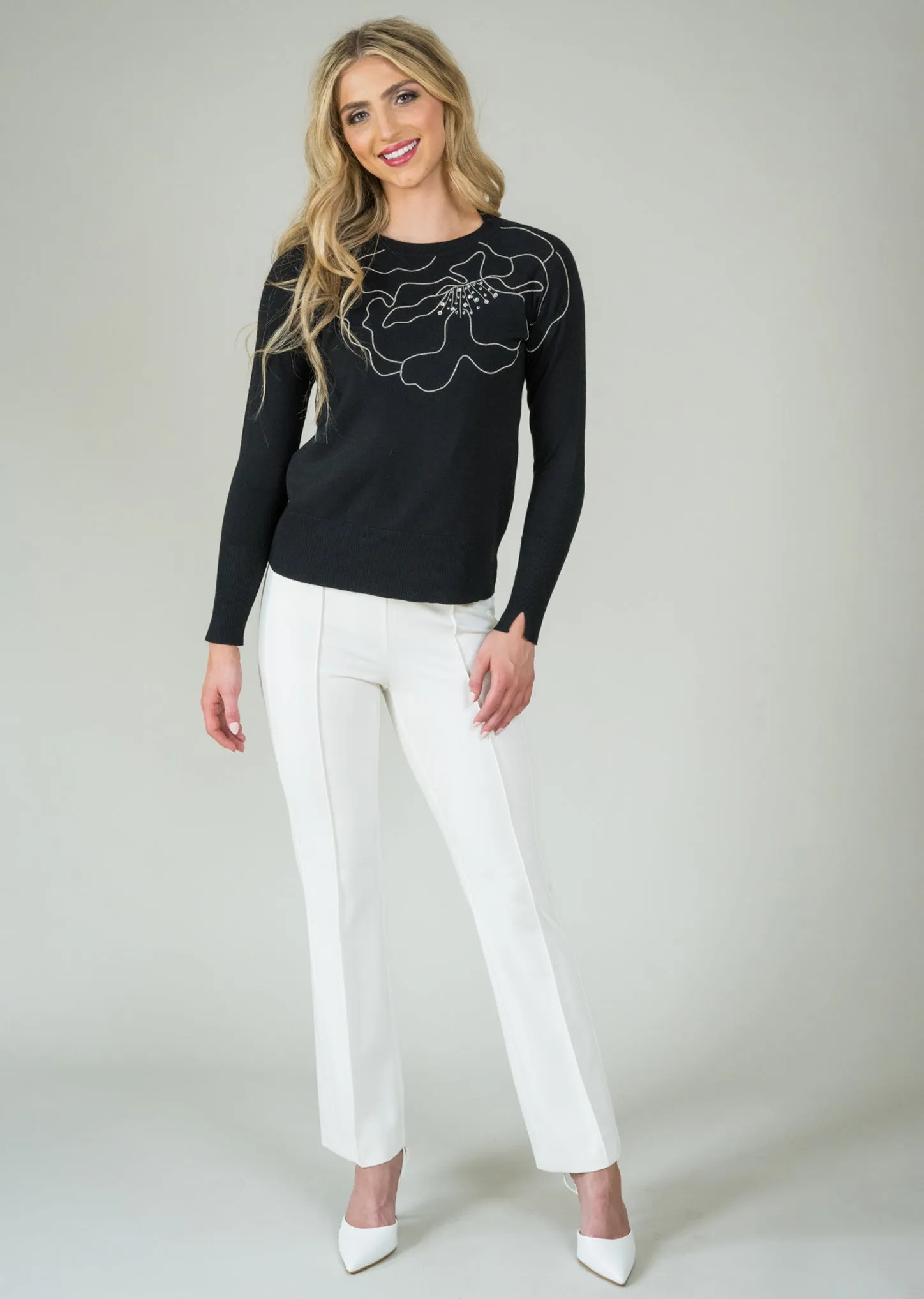 Haley Fabric Round Neck Sweater With Chained Flower