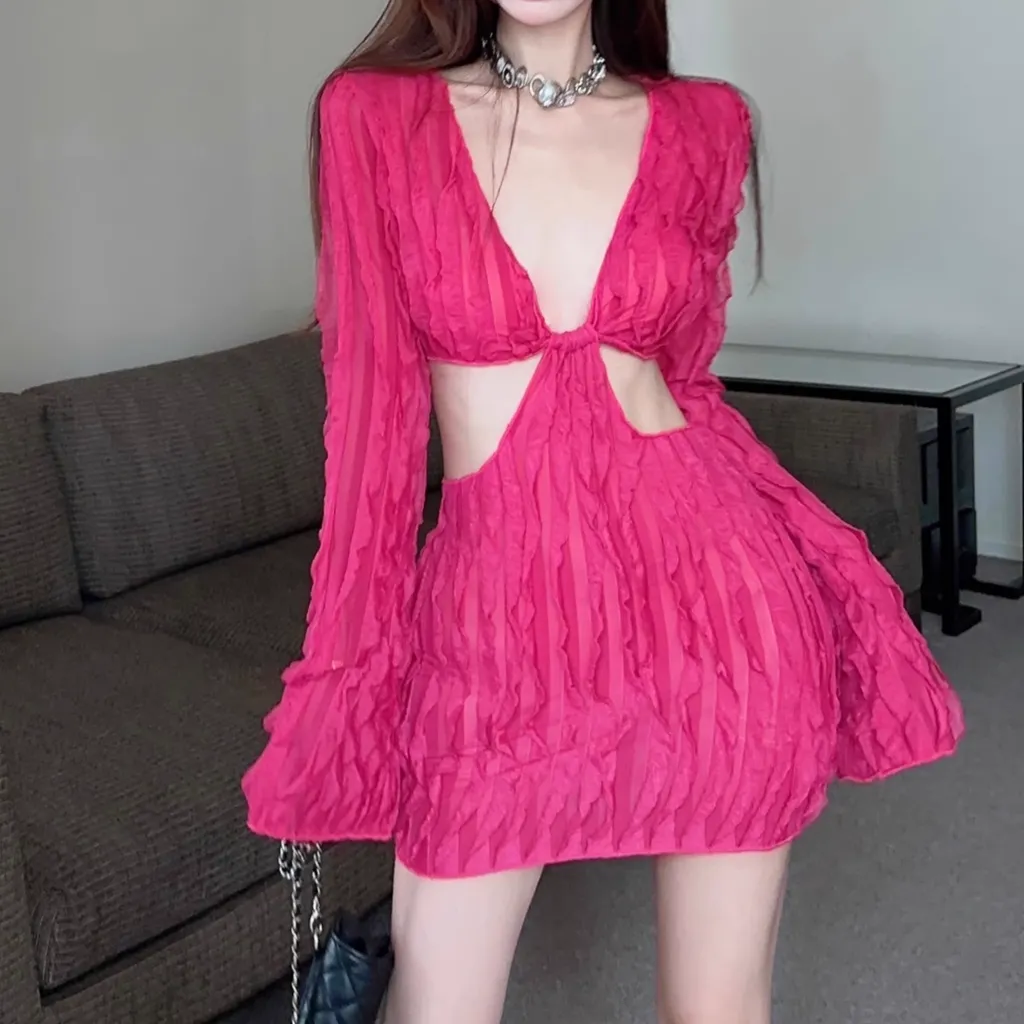 Hollow Waist Low-Cut Nightclub Rose Red Dress