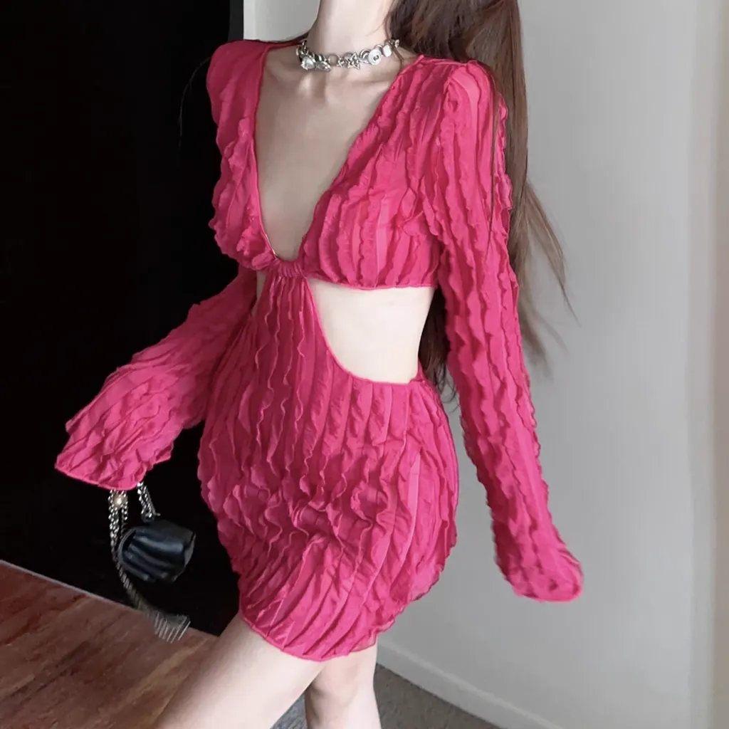 Hollow Waist Low-Cut Nightclub Rose Red Dress