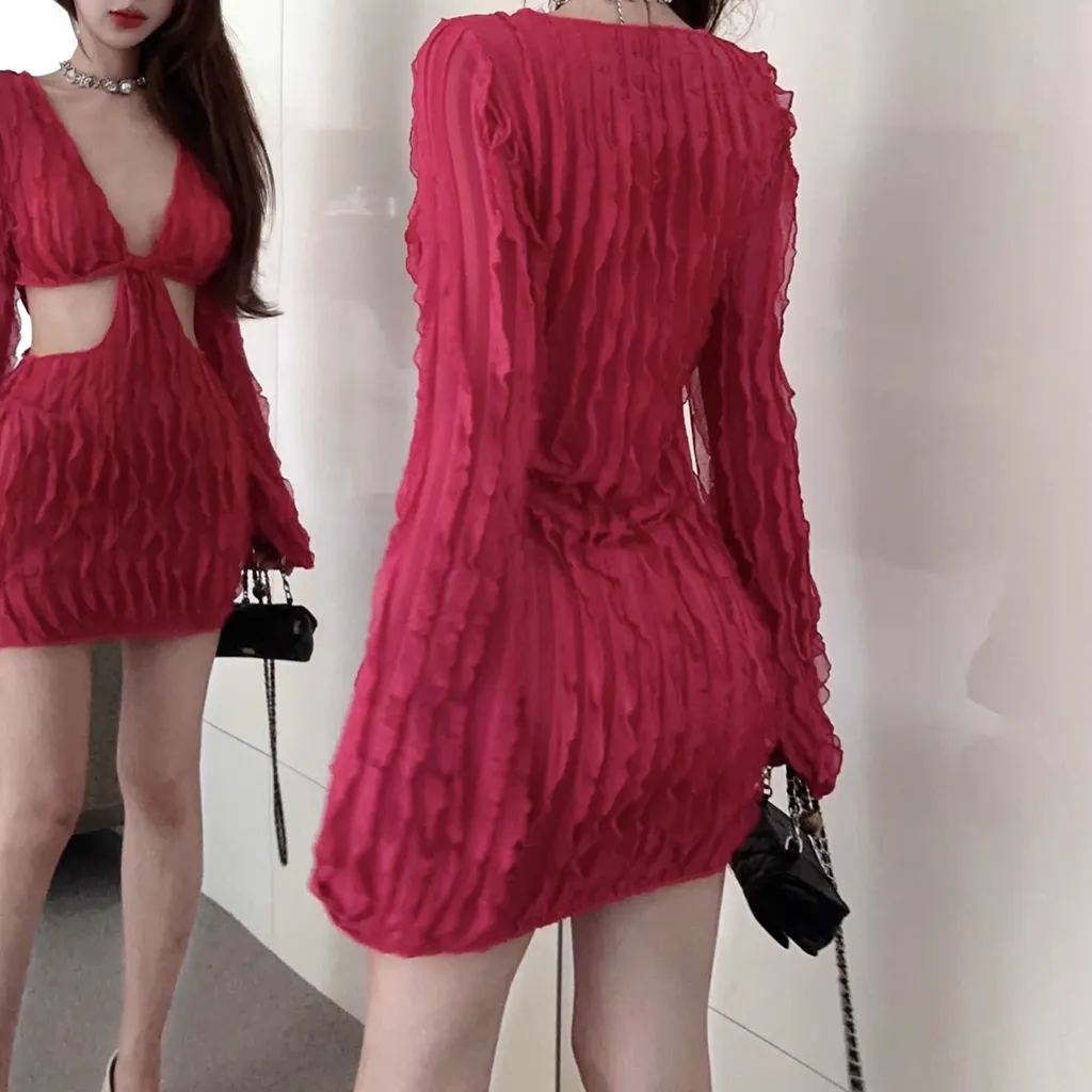 Hollow Waist Low-Cut Nightclub Rose Red Dress