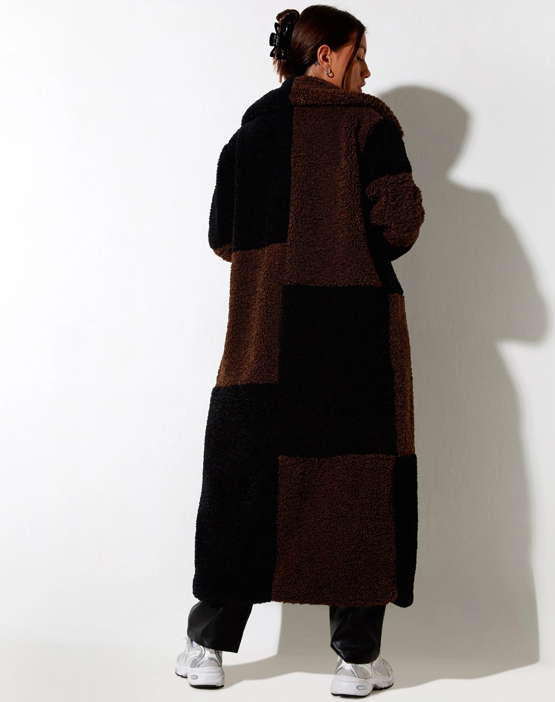 Humus Teddy Coat in Panelled Chocolate and Black