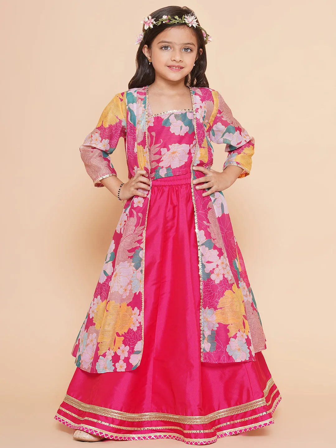 Jashvi Girls Pink Floral Print Top & Shrug With Ready to wear Skirts