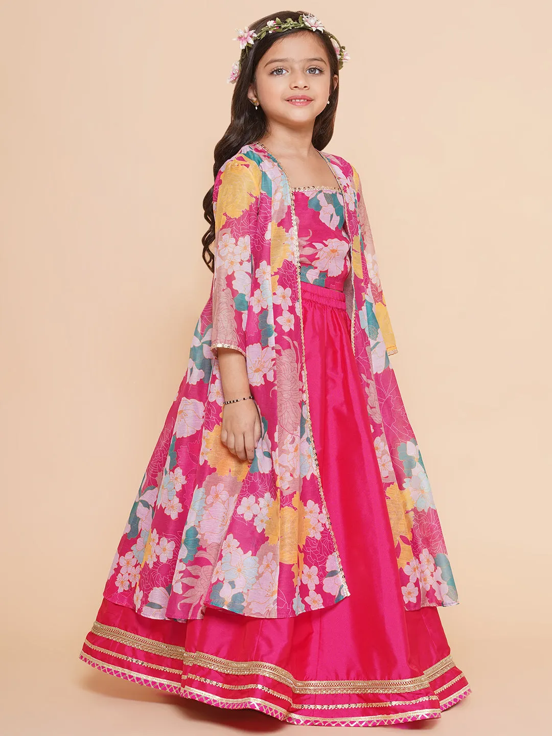 Jashvi Girls Pink Floral Print Top & Shrug With Ready to wear Skirts