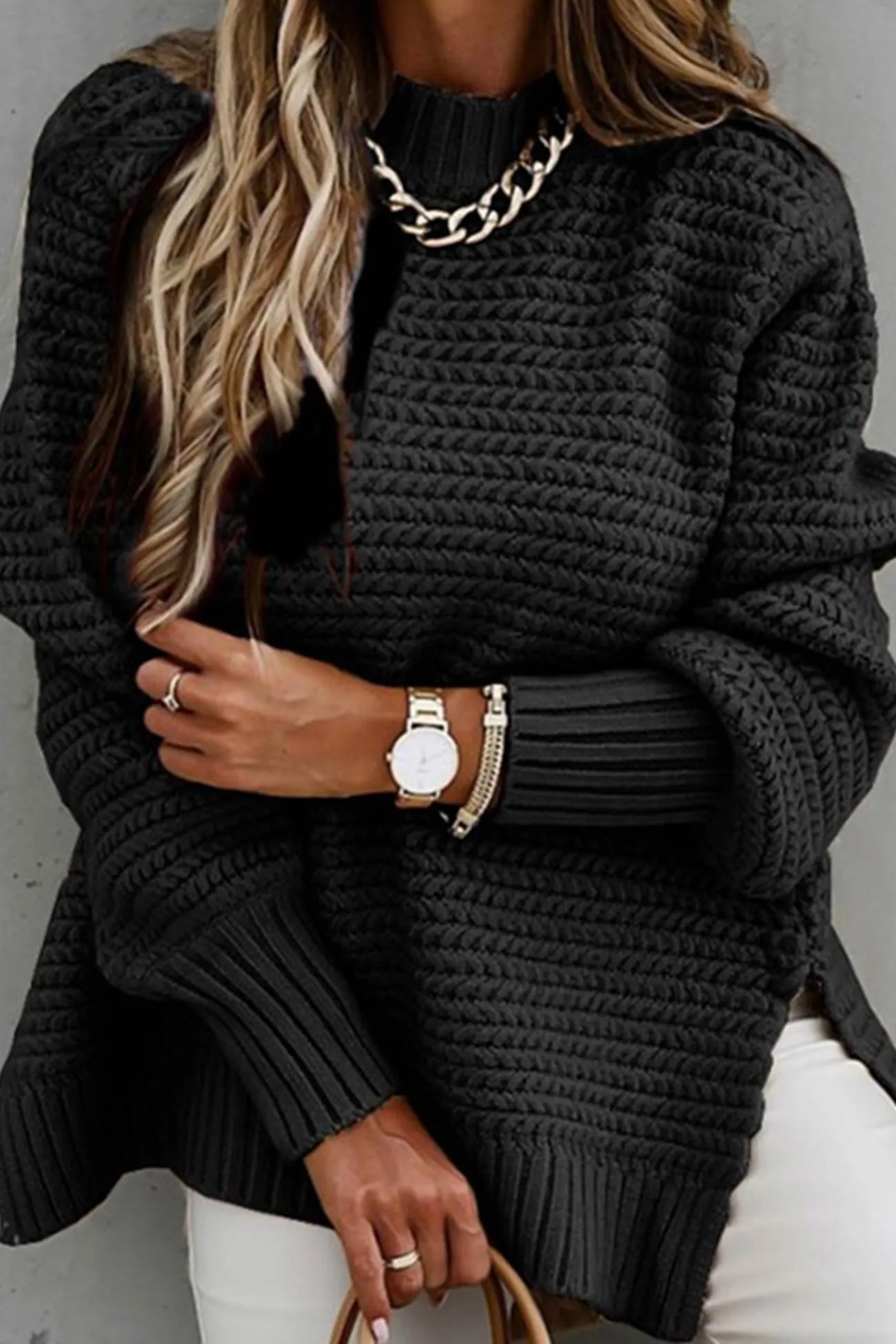 Lantern Sleeve Slit Pullover Sweater