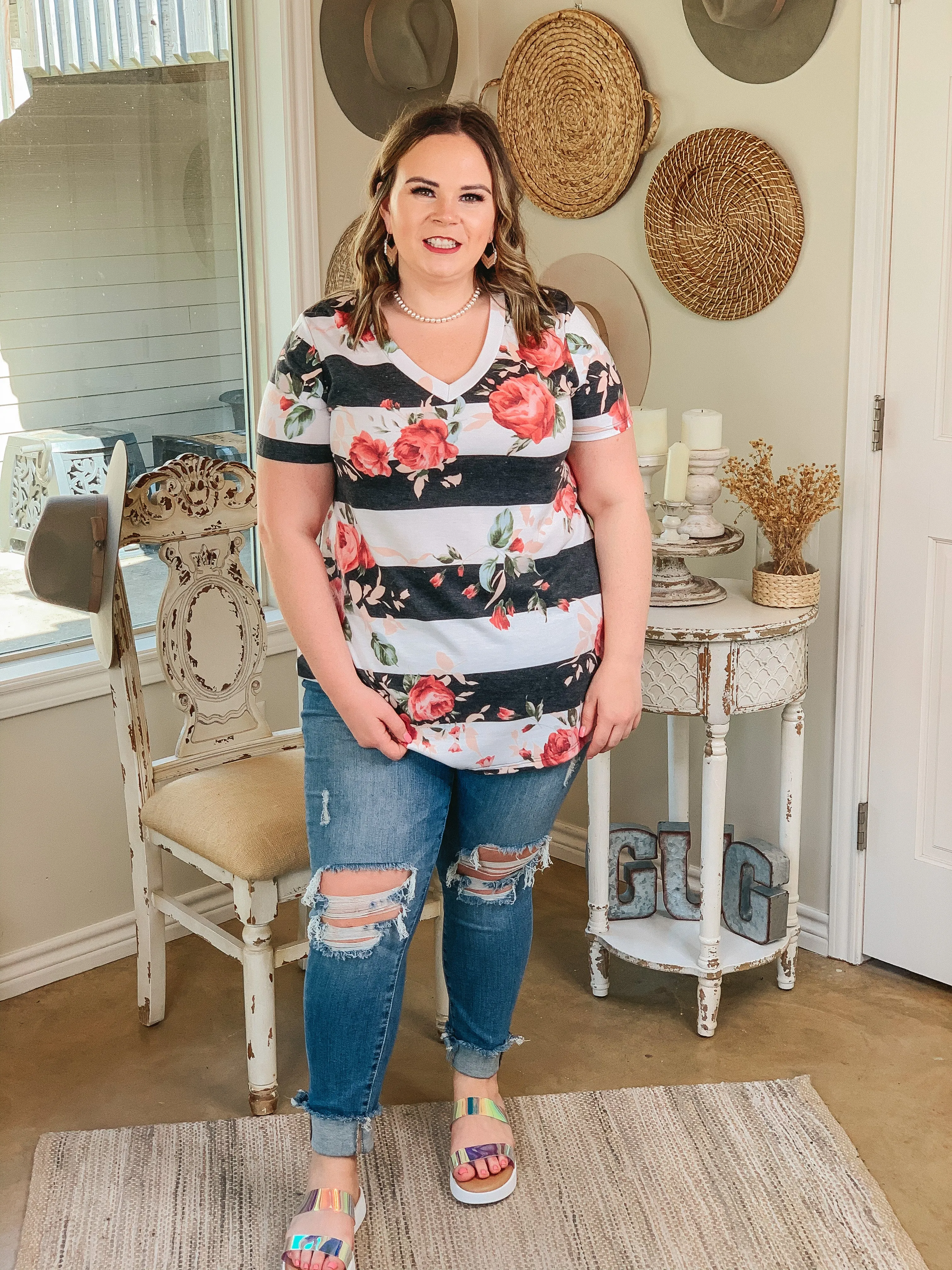 Last Chance Size Small | Keep Things Simple Striped and Floral V Neck Tee Shirt in Grey and Pink