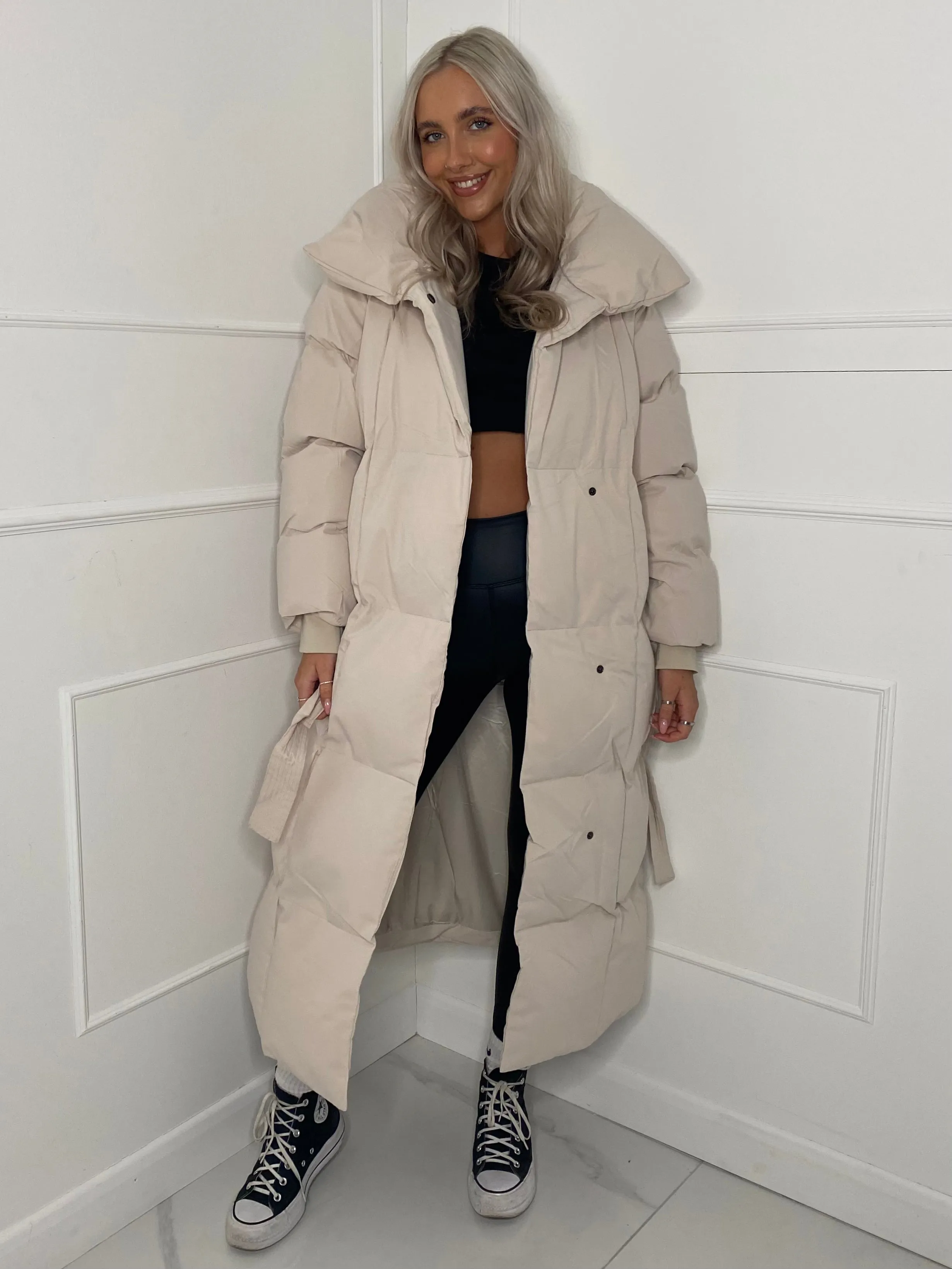 Long Belted Puffer Coat - Cream