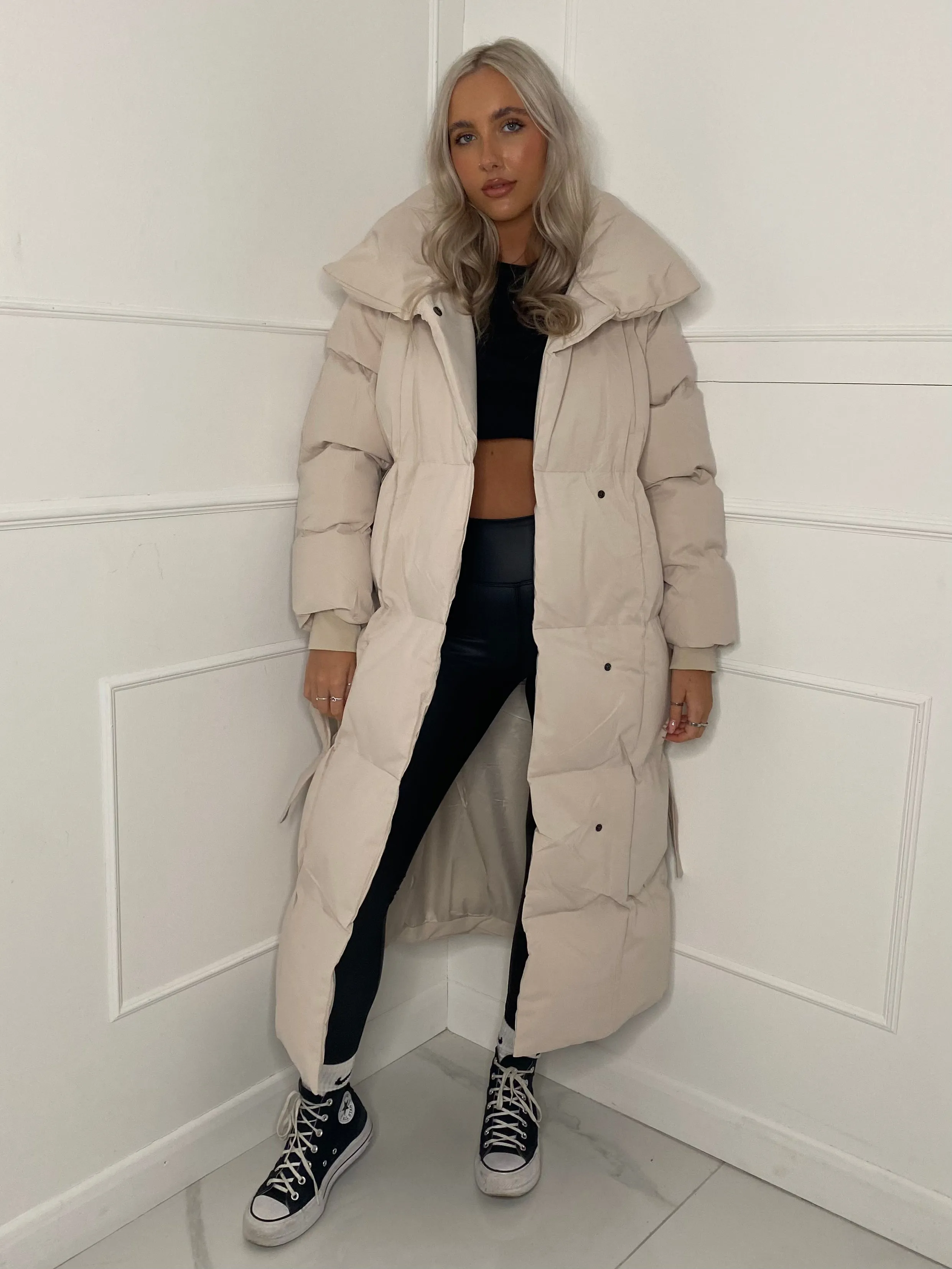 Long Belted Puffer Coat - Cream