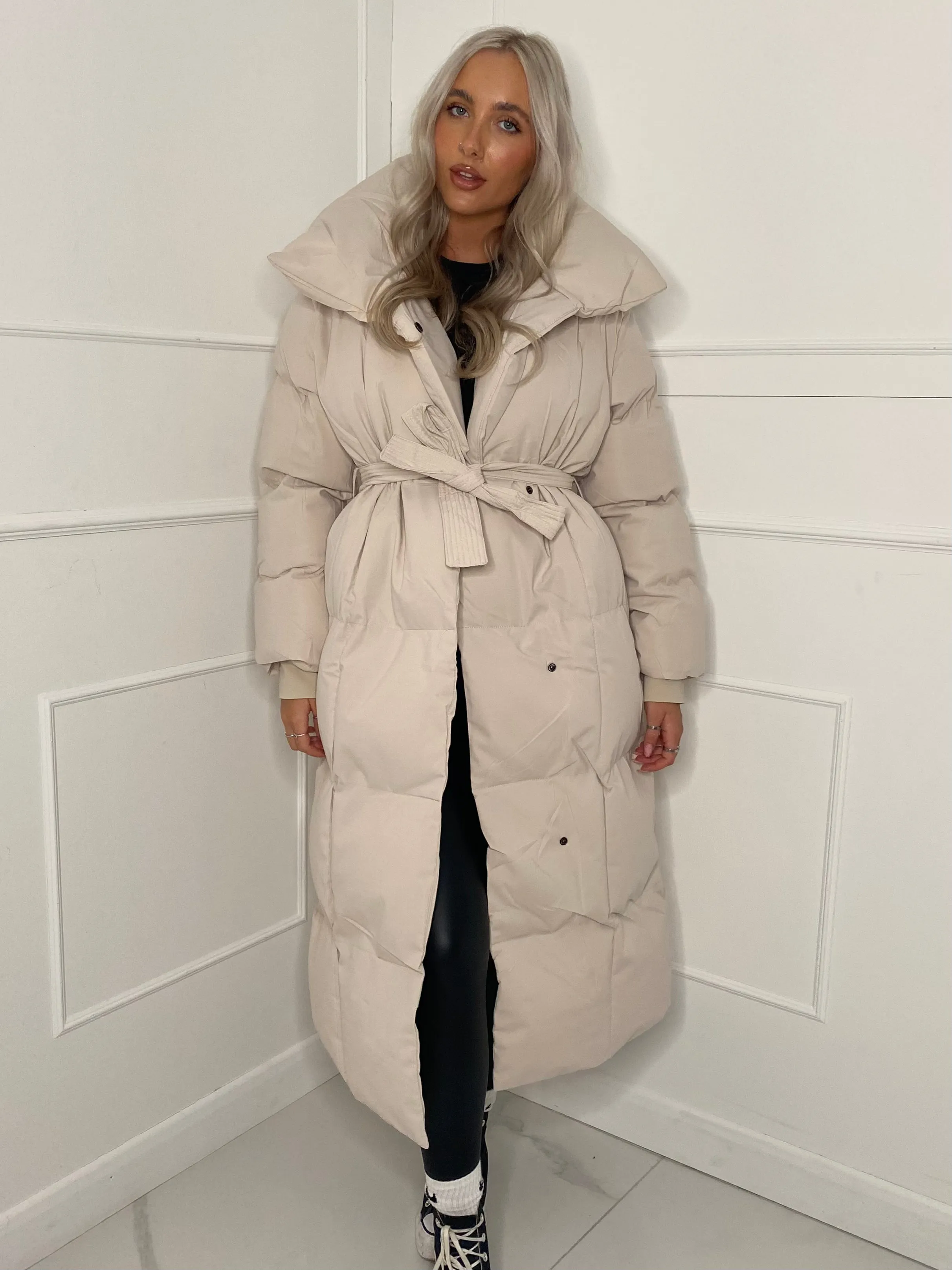 Long Belted Puffer Coat - Cream