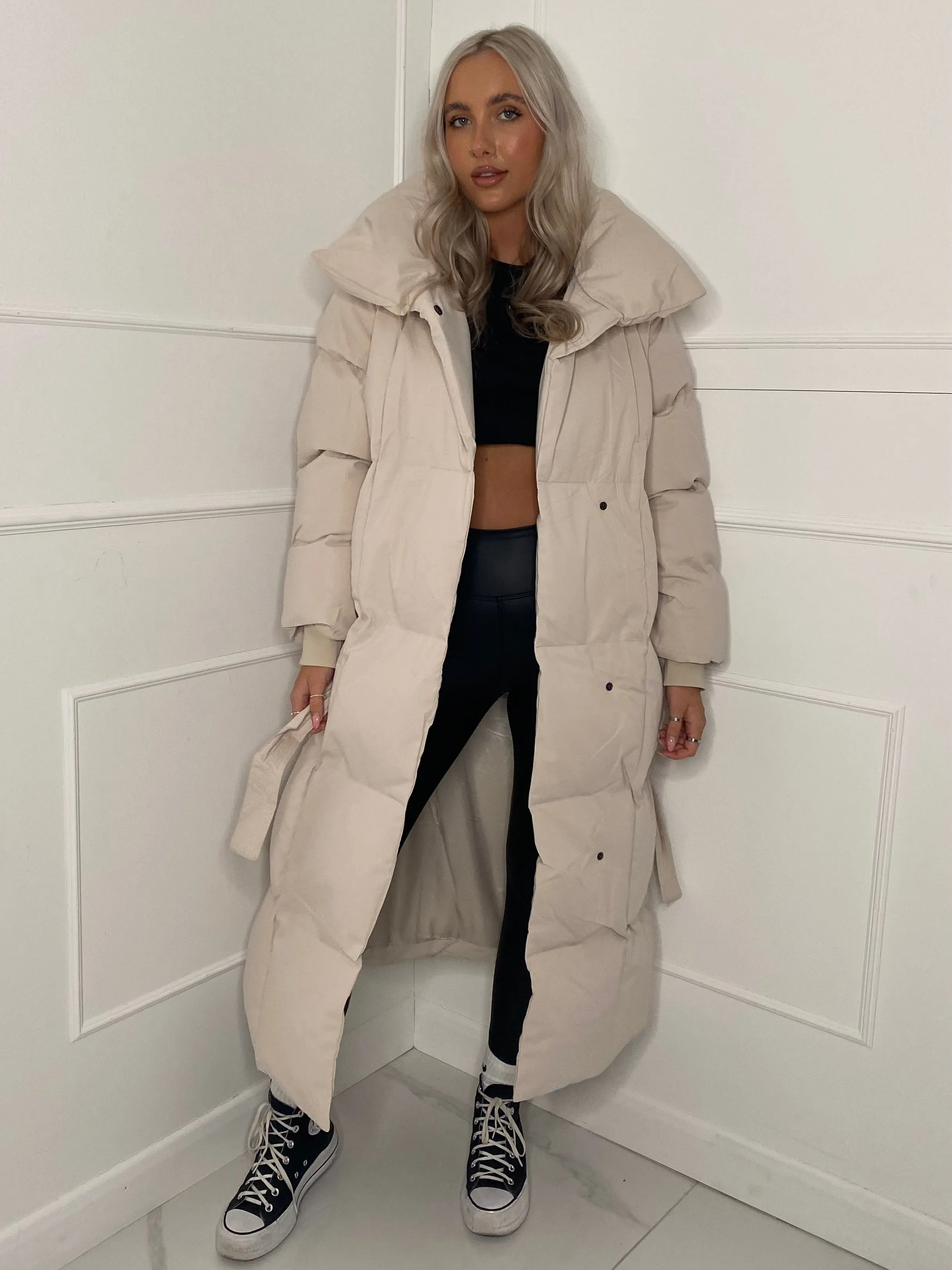 Long Belted Puffer Coat - Cream